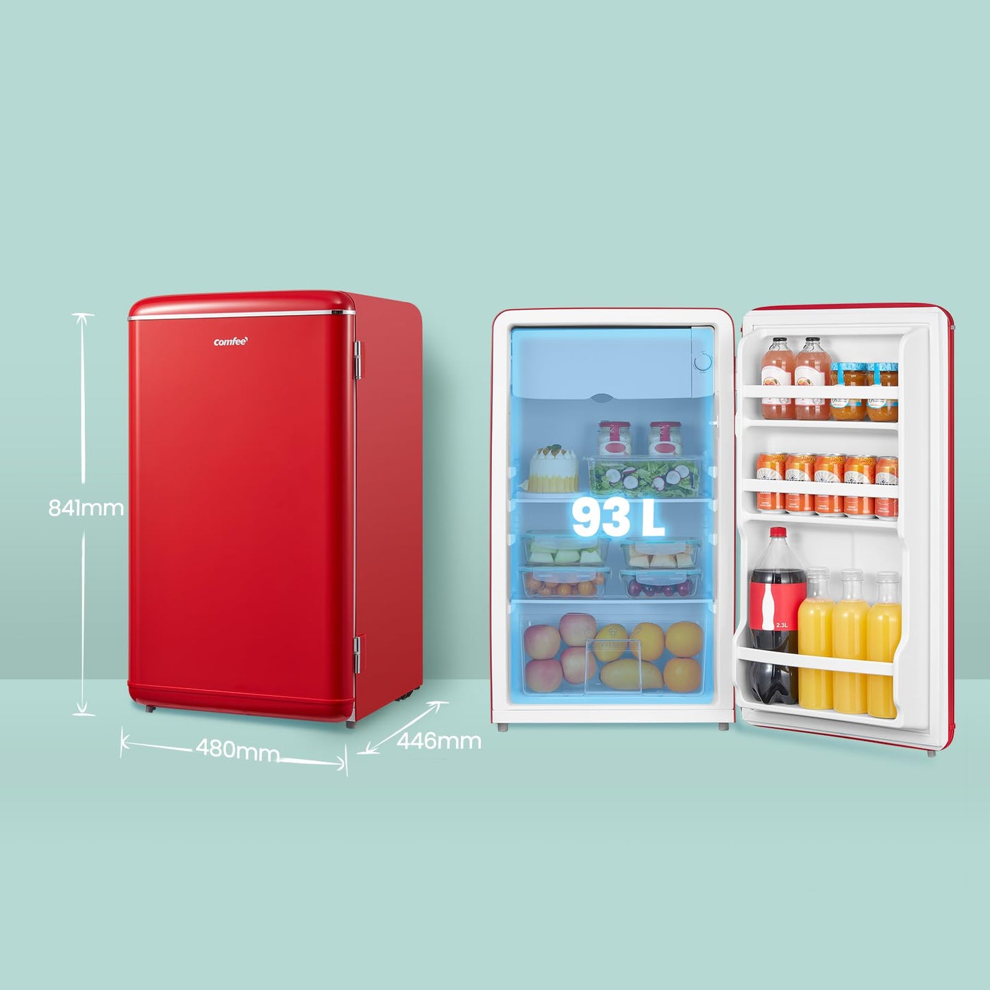 Comfee' RCD93RE2EURT(E) Kühlschrank Klein, 93 Liter Retro Kühlschrank, Mini kühlschrank mit verstellbare Thermostat, Silent, geeignet für Zuhause, Büro und Hotel, Rot