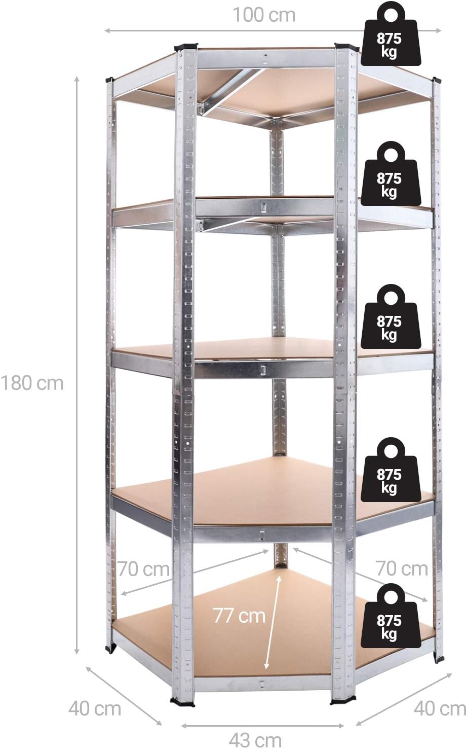 Corner Shelving Unit Heavy Duty 180 x 70 x 40 cm 875 kg 5 MDF Shelving Unit Storage Shelving Basement Shelving Workshop Shelving Unit