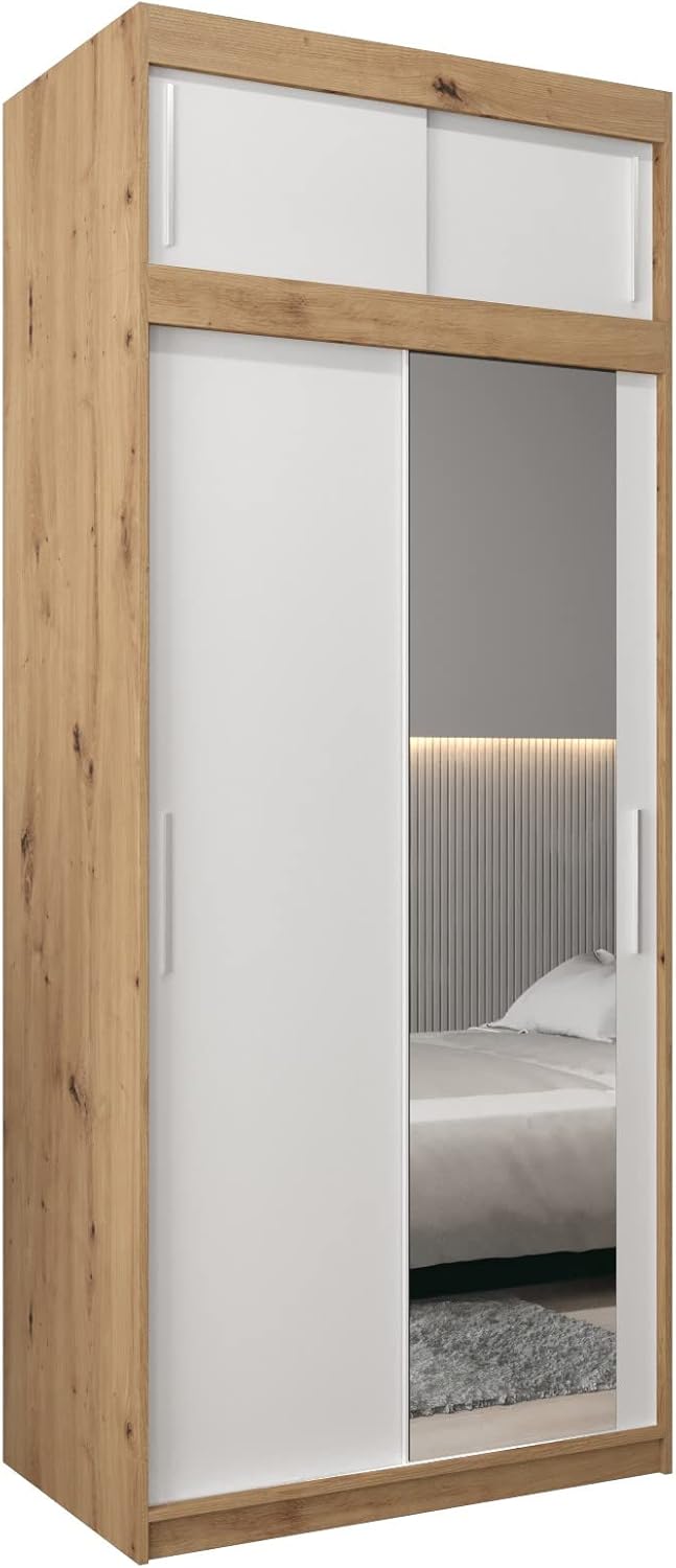 MEBLE KRYSPOL Kleiderschrank mit Spiegel Tokyo 2 - Garderobenschrank - Schrank Schlafzimmer - Mehrzweckschrank DREI Schiebetüren - Regalen - Flur Möbel - Kleiderstange Schrank - Allzweckschrank