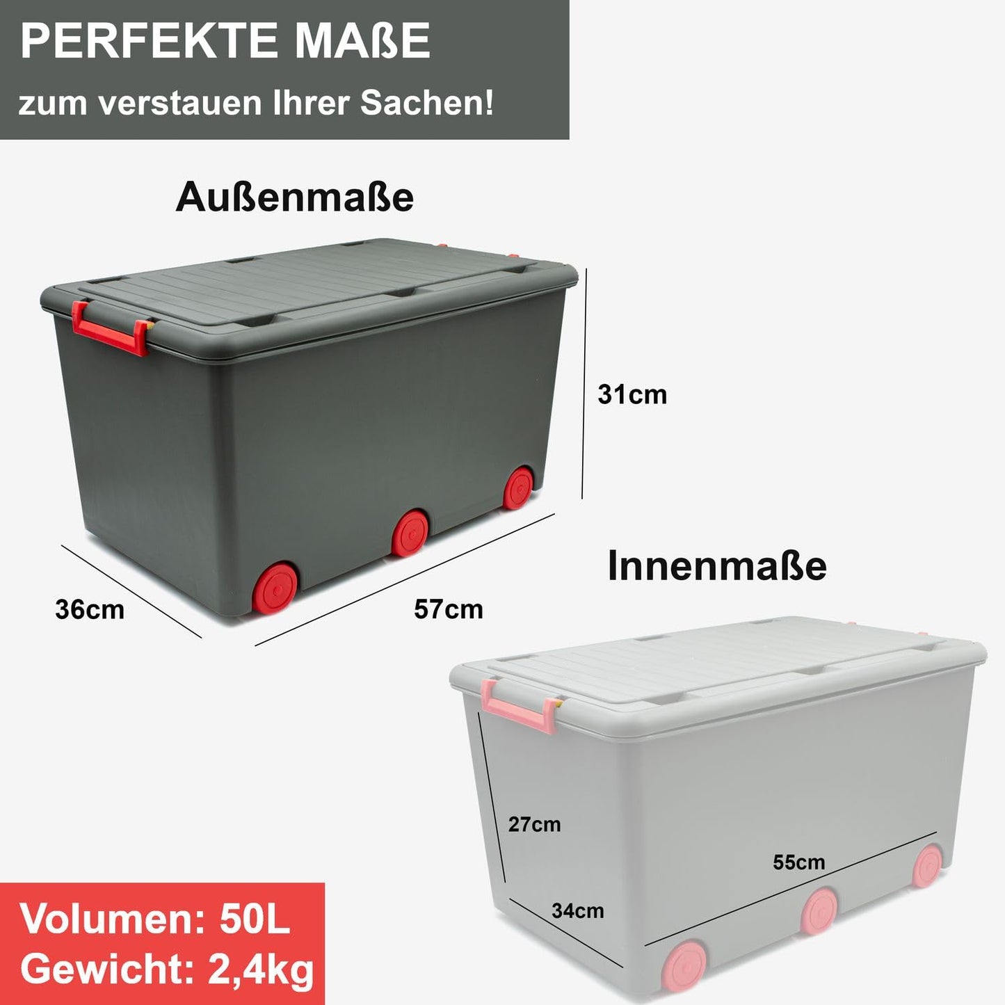 Babykajo 3 Storage Boxes with Lid and Wheels 50 L - Stacking Boxes with Lid Opaque - Plastic Box with Lid for Closing - Boxes Storage with Lid