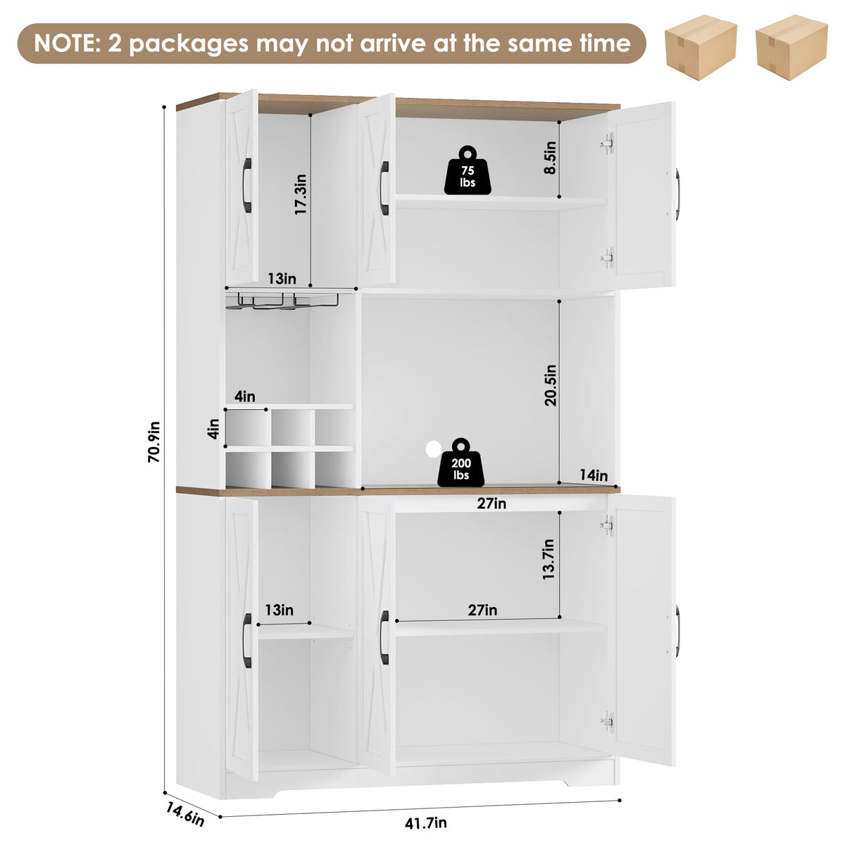 HOCSOK Kitchen Cabinet 106 x 180 cm (W x H), Buffet Cabinet, White, Sideboard with 6 Doors, Removable Bottle Holder and Removable Glass Holder, Storage Cabinet for Kitchen, Living Room, Dining Room