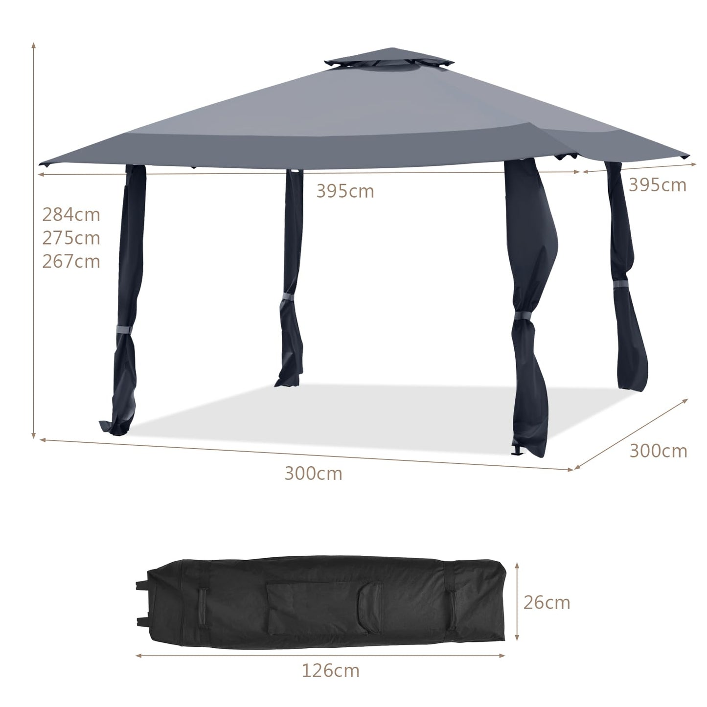 COSTWAY Gazebo 4 x 4 m, Pop-Up Folding Gazebo with Double Roof, Waterproof, Stable, UV Protection 50+, Garden Gazebo with Carry Bag on Wheels, Garden Tent for Patio, Garden (Grey)