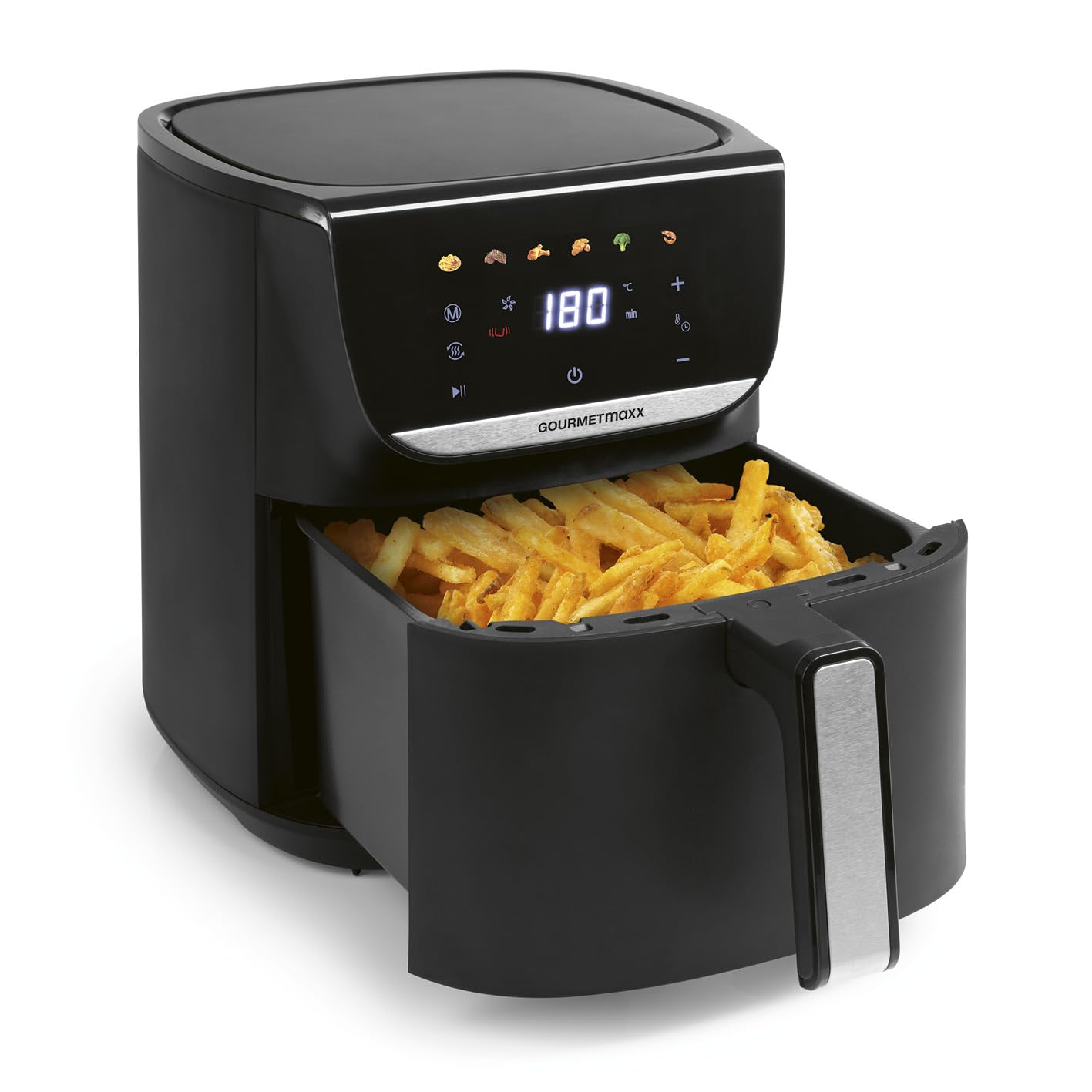 GOURMETmaxx Digitale Heißluftfritteuse 12 L, XXL-Edelstahl-Ofen | Airfryer + Timer, Touchdisplay, Drehspieß | fettarm, energiesparend frittieren | 10 Programme inkl. Pizza | 1800 W