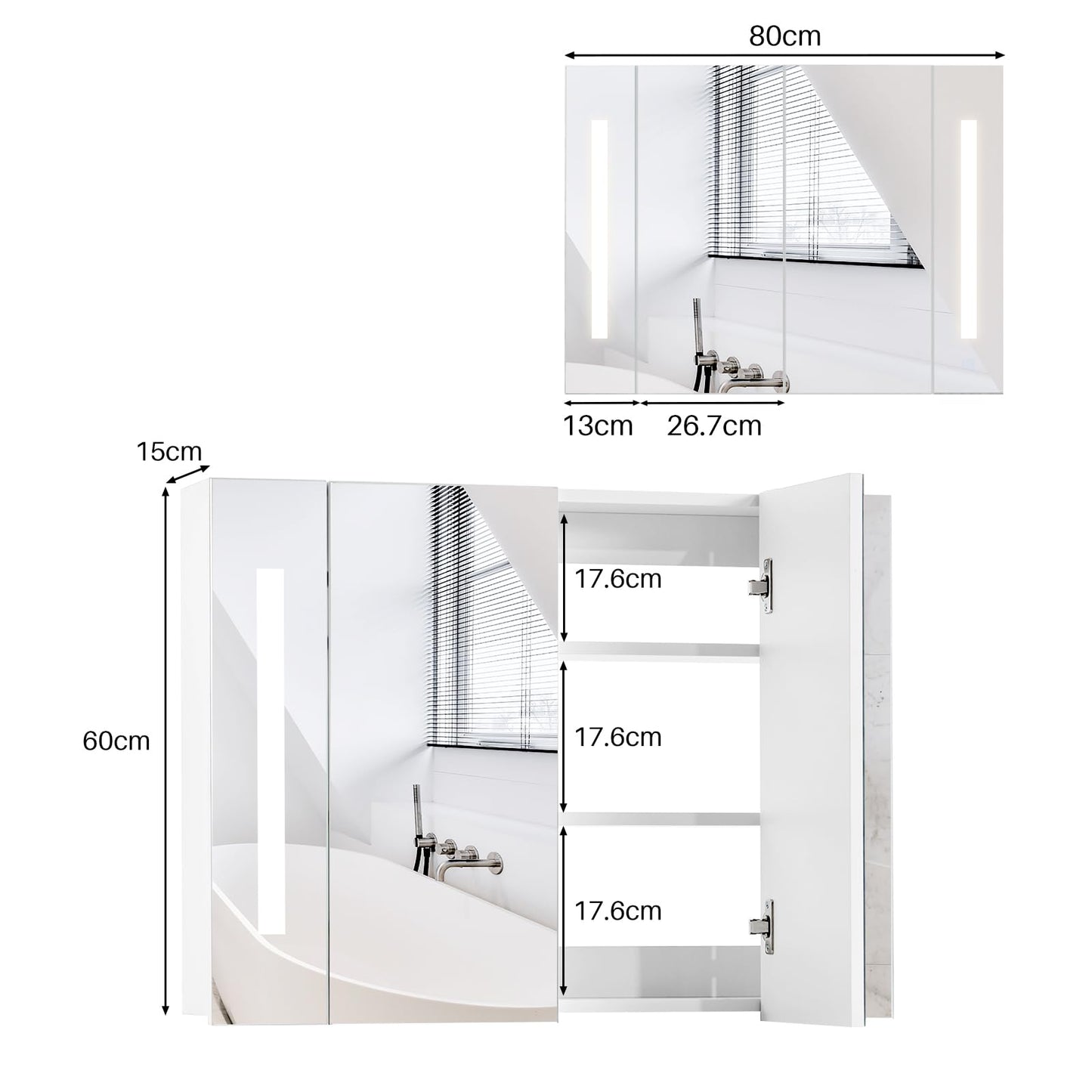 TUKAILAI Mirror Cabinet with LED Lighting, 6 Open Shelves and Adjustable Shelves, Bathroom Mirror with Touch Switch, Bathroom Mirror, Light Mirror, Wall Mirror, Bathroom Cabinet for Bathroom