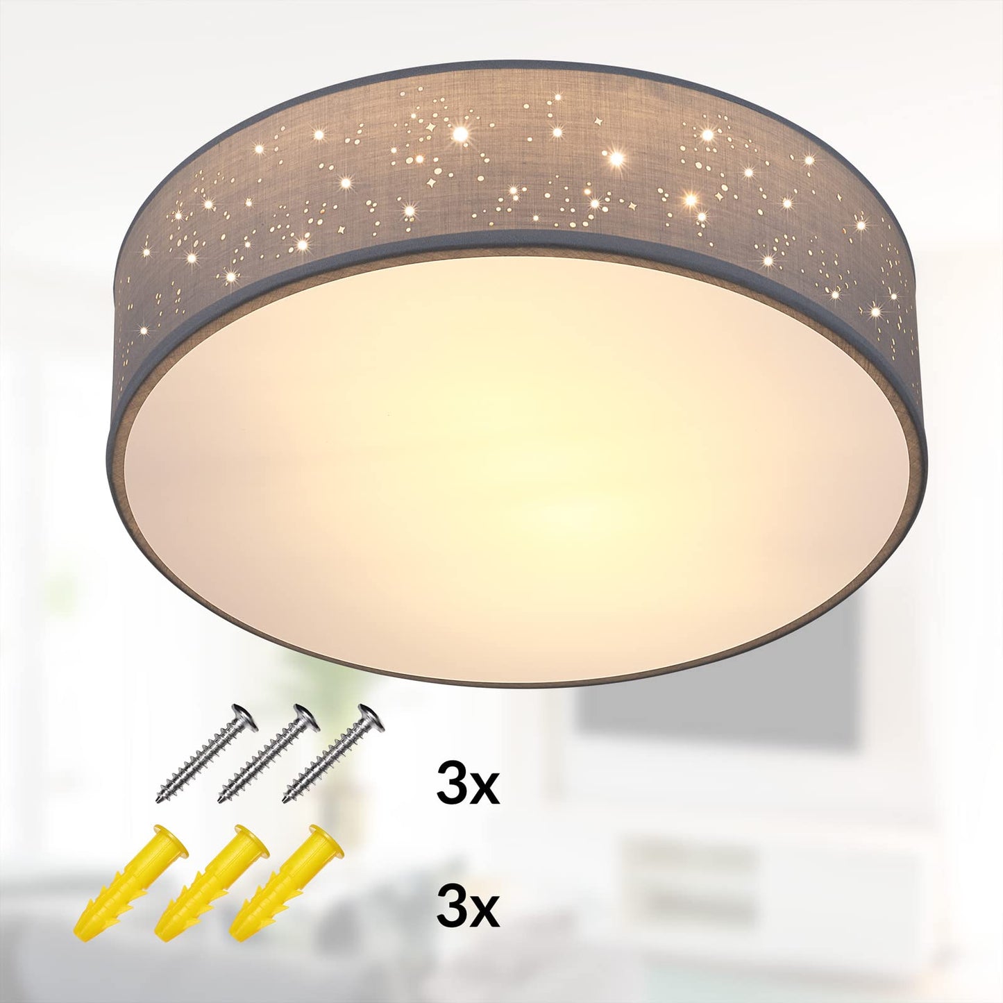 MONZANA® Ceiling Light Starry Sky Living Room Bedroom E27 Grey Round 38 cm Fabric Shade 2 Bulbs 40 W Kitchen Lamp Ceiling Light Fabric Ceiling Lamp