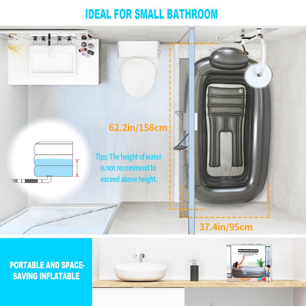 Nevife Inflatable Bathtub with Heat Protection Cover Cloth & Comfort Base, Foldable Adult Bathtub for Spa, Ice Baths, Camping - Includes Hand Pump, XL (158 x 95 x 45 cm)