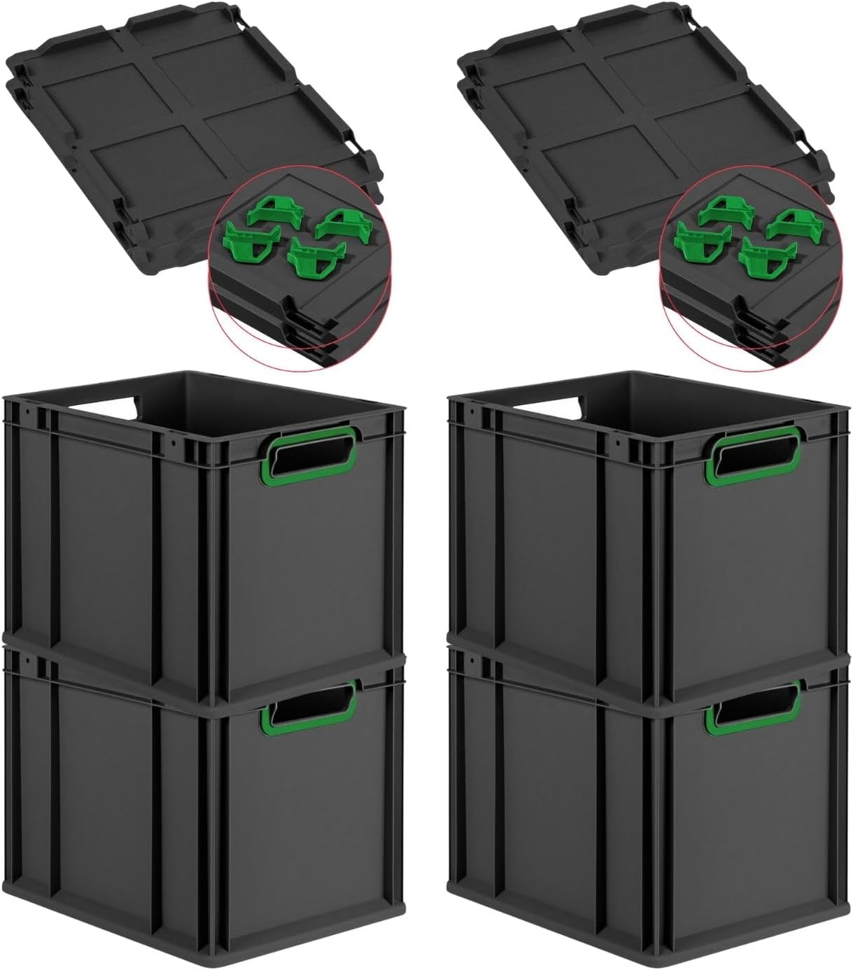 PROREGAL Economy Set of 5 Eurobox NextGen Colour with Lid and Sliding Snap Fasteners, H x W x D 22 x 30 x 40 cm, 20 L, Black, Closed Handles, Euro Container, Transport Box, Transport Container