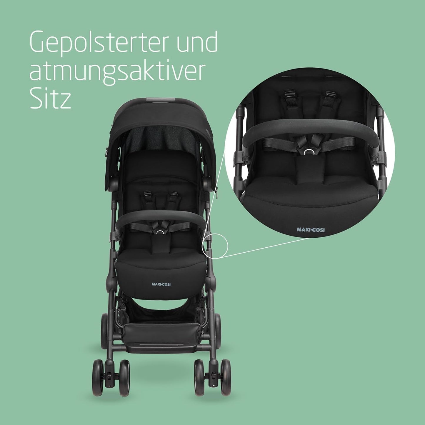 Maxi-Cosi Lara2 Baby Pram 0-4 Years 0-22kg Featherlight Compact Pushchair 3 Reclining Positions Flat Reclining Position Small Folding Shoulder Strap Essential Black