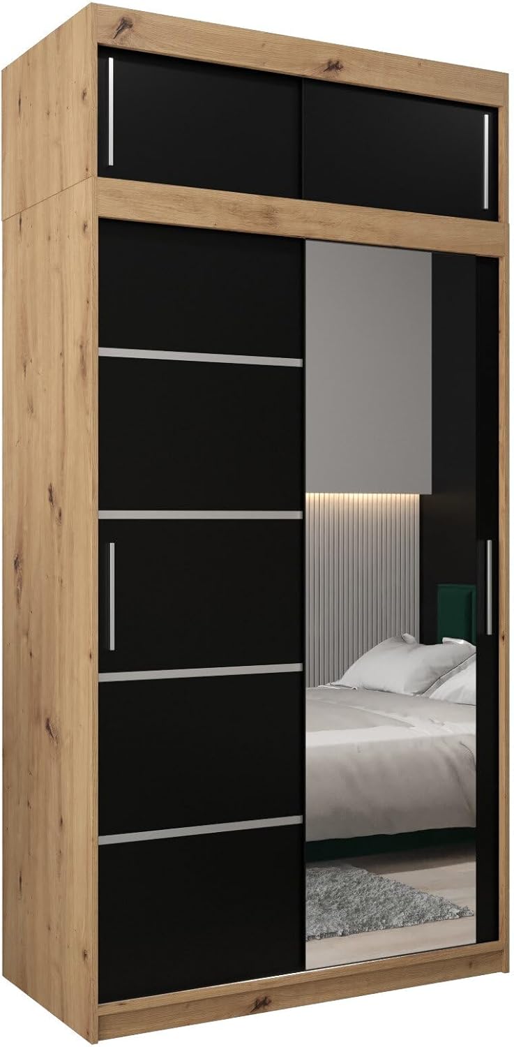MEBLE KRYSPOL Verona 2, 250 cm Bedroom Wardrobe with Three Sliding Doors, Mirror, Clothes Rail and Shelves, 250 x 200 x 62 cm, Matt Black