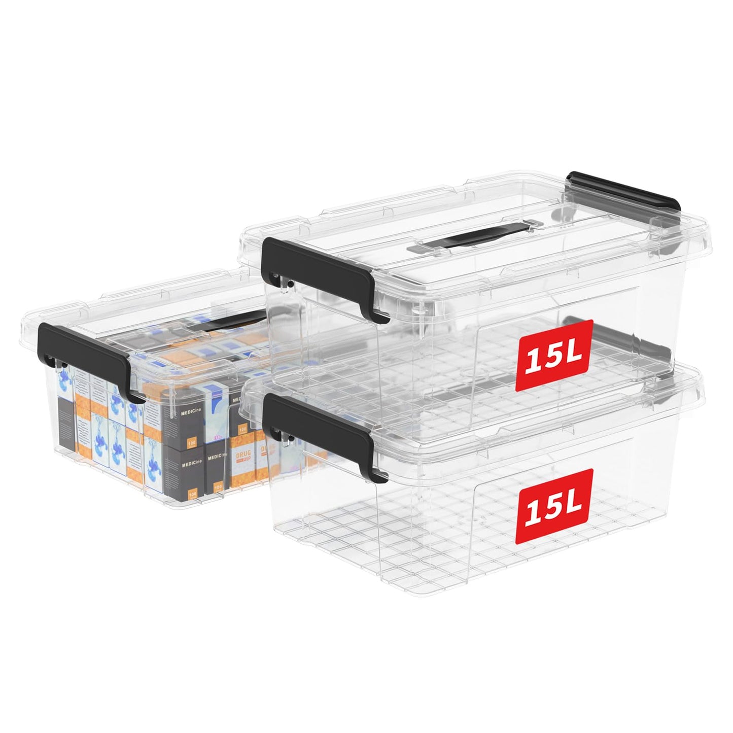 Cetomo 45 L x 3 Storage Boxes, Portable Plastic Boxes with Lids, Organiser Container with Handle and Clips, Stackable, Nestable, for Home and Office, Transparent, 45 L, Pack of 3
