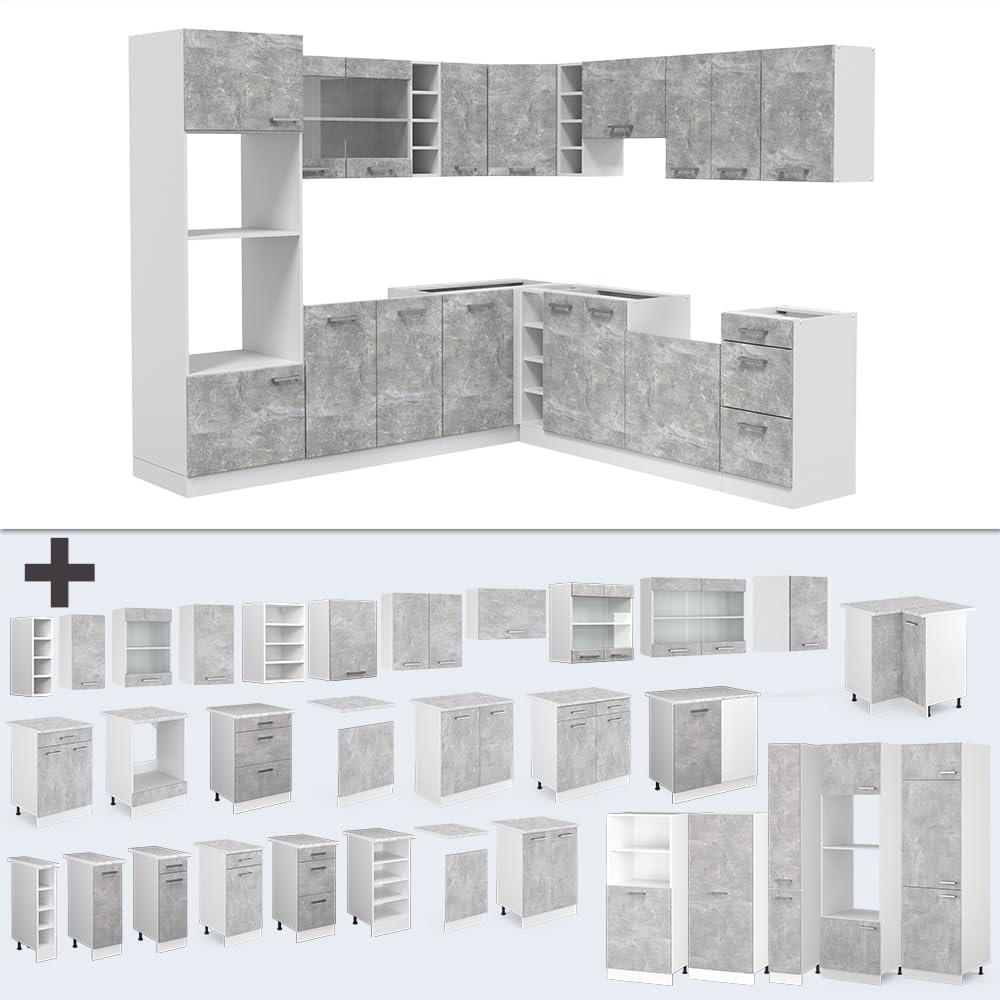 Vicco R-Line Fitted Kitchen Cabinets Country House Kitchen Furniture (White, Corner 247 x 237 cm)