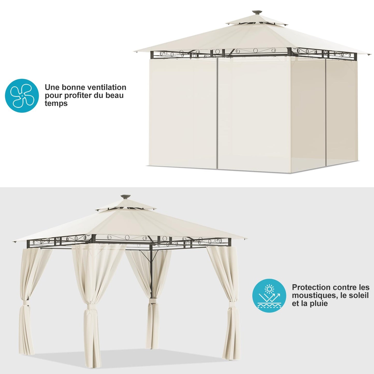 Devoko Garden Gazebo 3 x 3 Waterproof Stable Winterproof Deluxe Gazebo, UV Protection 50+ Double Roof Party Tent, Garden Tent, Patio Gazebo for Festivals, Events, Parties for 4-6 People, Beige