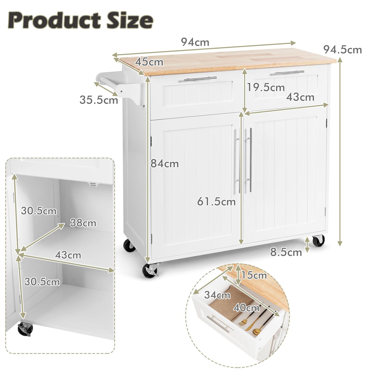 KOMFOTTEU Kitchen Trolley with Worktop, Kitchen Island with Wheels, Serving Trolley with 2 Drawers and Doors, Large Wooden Trolley 94 x 45.5 x 94.5 cm (Black)