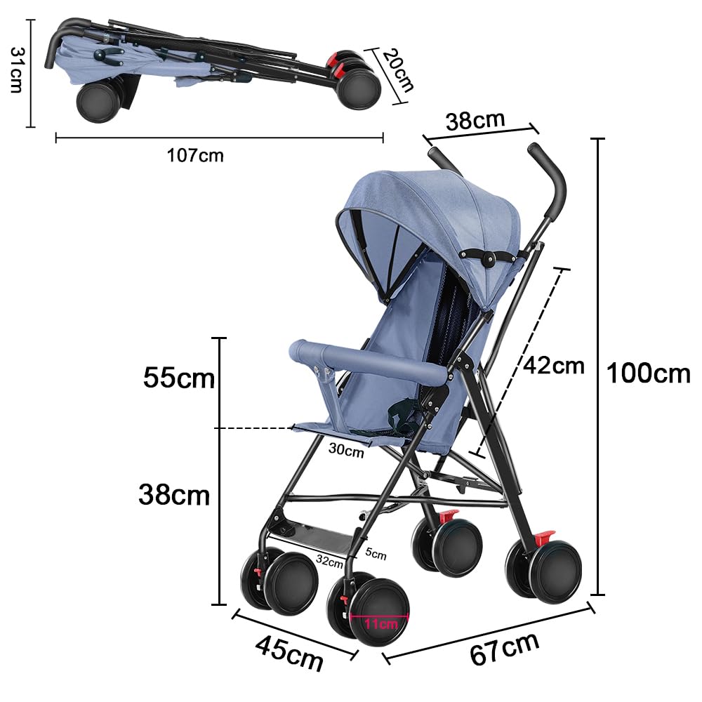 Kindersportwagen,Zusammenklappbarer Kinderwagen,leicht modern klein Buggy mit Liegeposition,Liegefunktion,Ultraleicht (nur 4.5 kg),ideal für Reisen,bis 60 kg (Blau, 45 x 67 x 100cm)