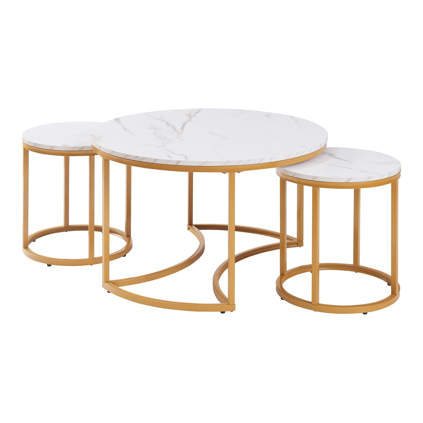 [en.casa] Christchurch Coffee Table, Set of 3, Round Sofa Table, Side Table with Metal Frame, Coffee Table, Marble Look, White/Gold