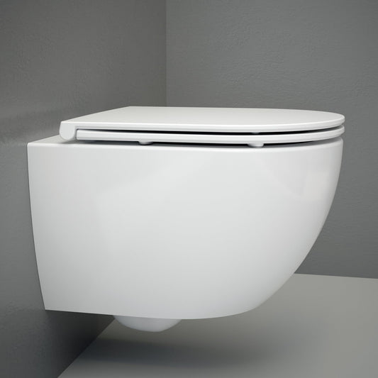 UDiseño Wall Toilet Rimless Toilet, 360° Superspin Flush Hanging Toilet, Raised Complete Set, D Shape, Low Noise Tornado Toilet Flush, UF Lid Seat with Soft-Close Mechanism, 52.5 cm Long, White