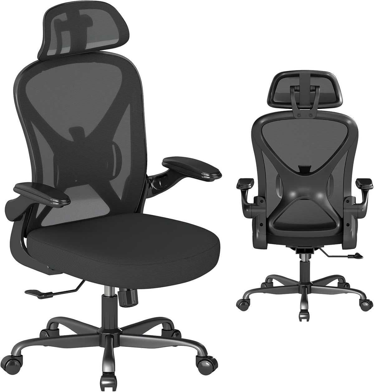 ZZH Ergonomic Desk Chair, Mesh Office Chair with Adjustable Lumbar Support & Folding Armrests, Breathable Computer Chair for Home Office with 360° Rotation & Height Adjustment, Black