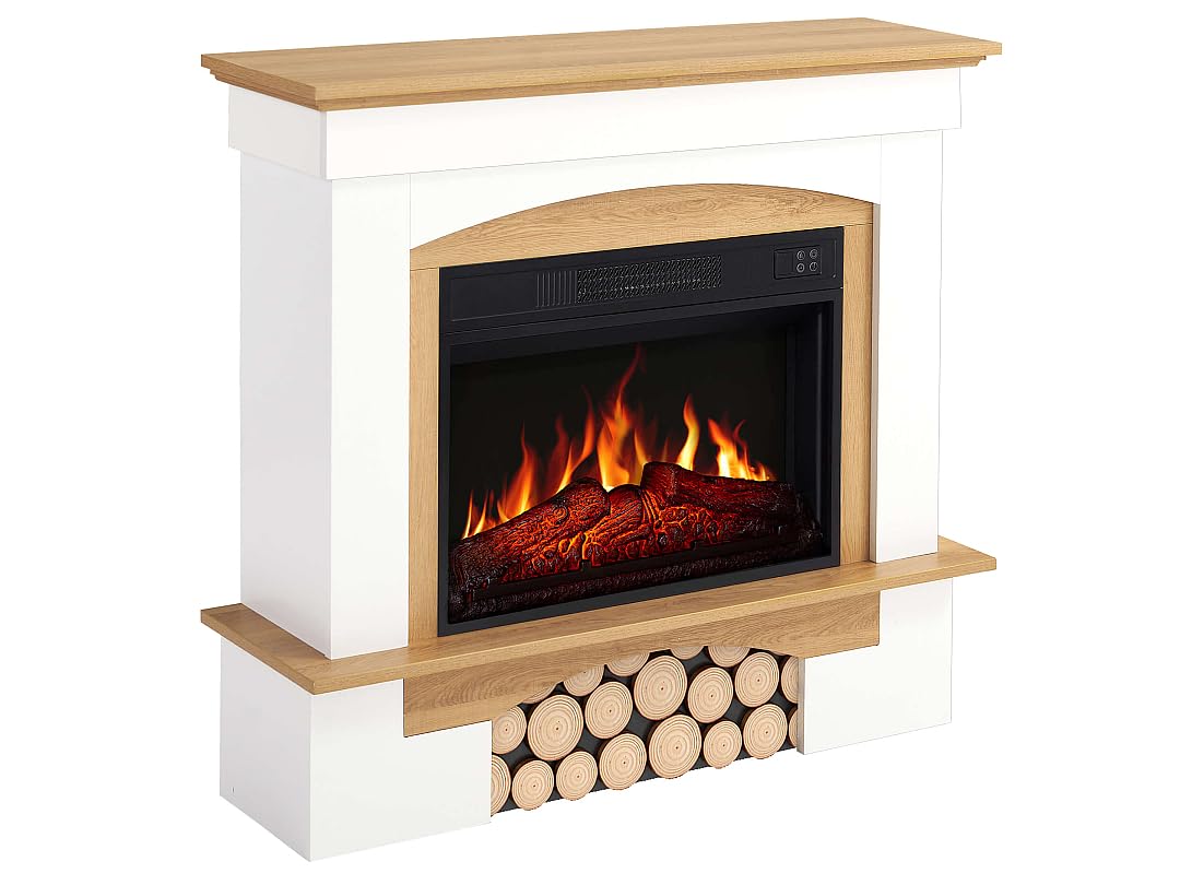Woodley AF23BS White Brick Effect Electric Fireplace with LED Flame Effect, Heating up to 30 m², Remote Control, Realistic Design, Energy Saving, Freestanding, Grey Oak