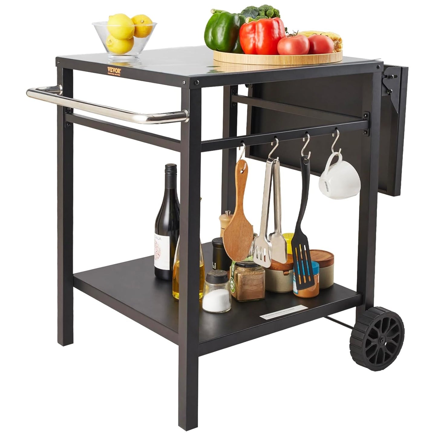 VEVOR Barbecue Trolley, Kitchen Trolley, 97.2 x 64 x 75.5 cm, Outdoor Serving Trolley with Double Shelf, Movable Grill Table for Preparing Food, Multifunctional Iron Table Top, Black