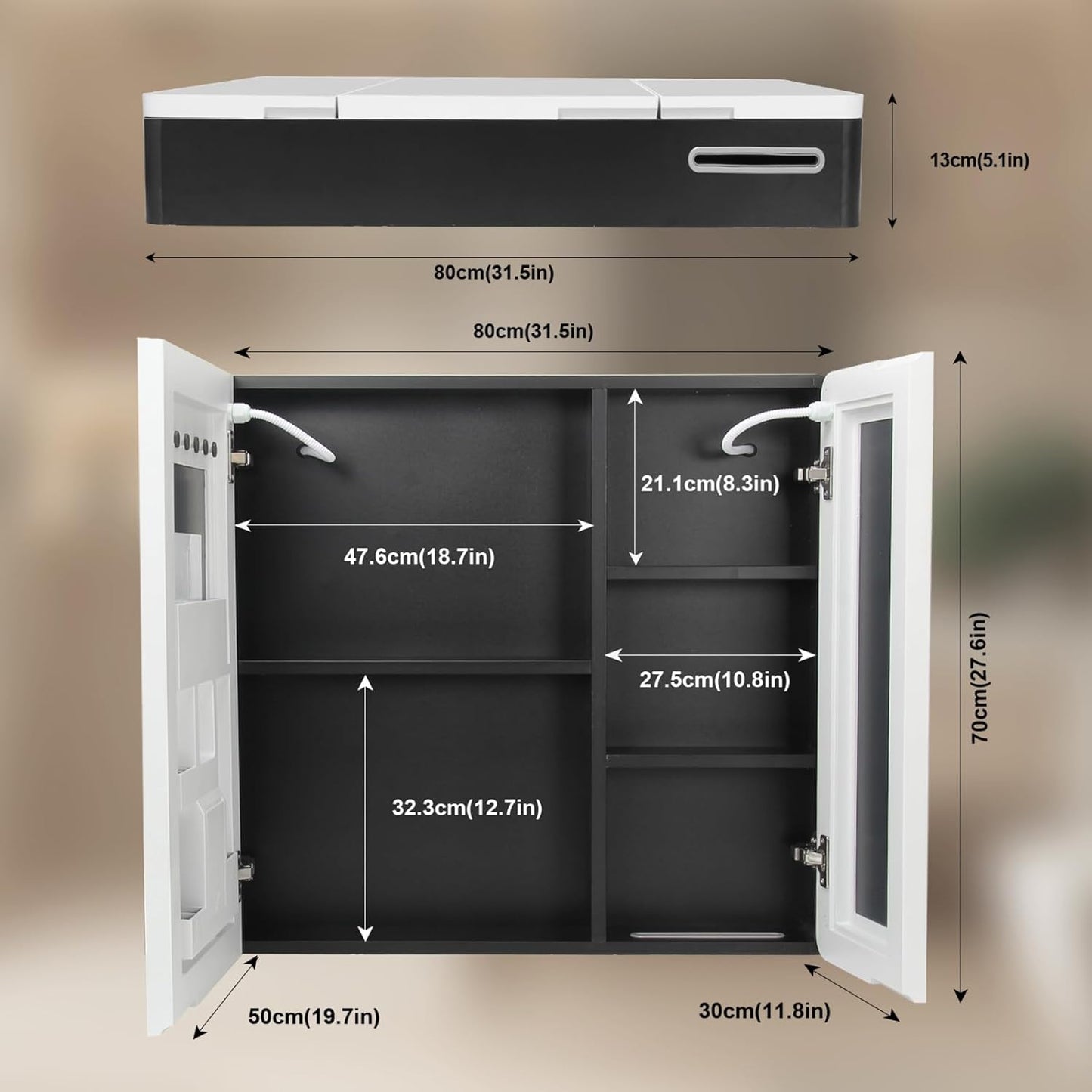 Aovquof Mirror Cabinet with Lighting - 90 x 60 cm Bathroom Mirror Cabinet with Storage Space, Bathroom Mirror Cabinet with Adjustable Dimmable LED Lights with Demist Function, Modern Cream Colour