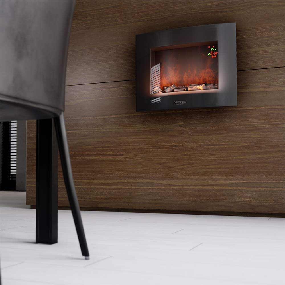 Cecotec Ready Warm 2200 Curved Flames Electric Fireplace with Remote Control, 22 Inch, 2000 W with 2 Power Levels, Curved Tempered Glass Scoreboard, 2 LED Lights, 20 m2