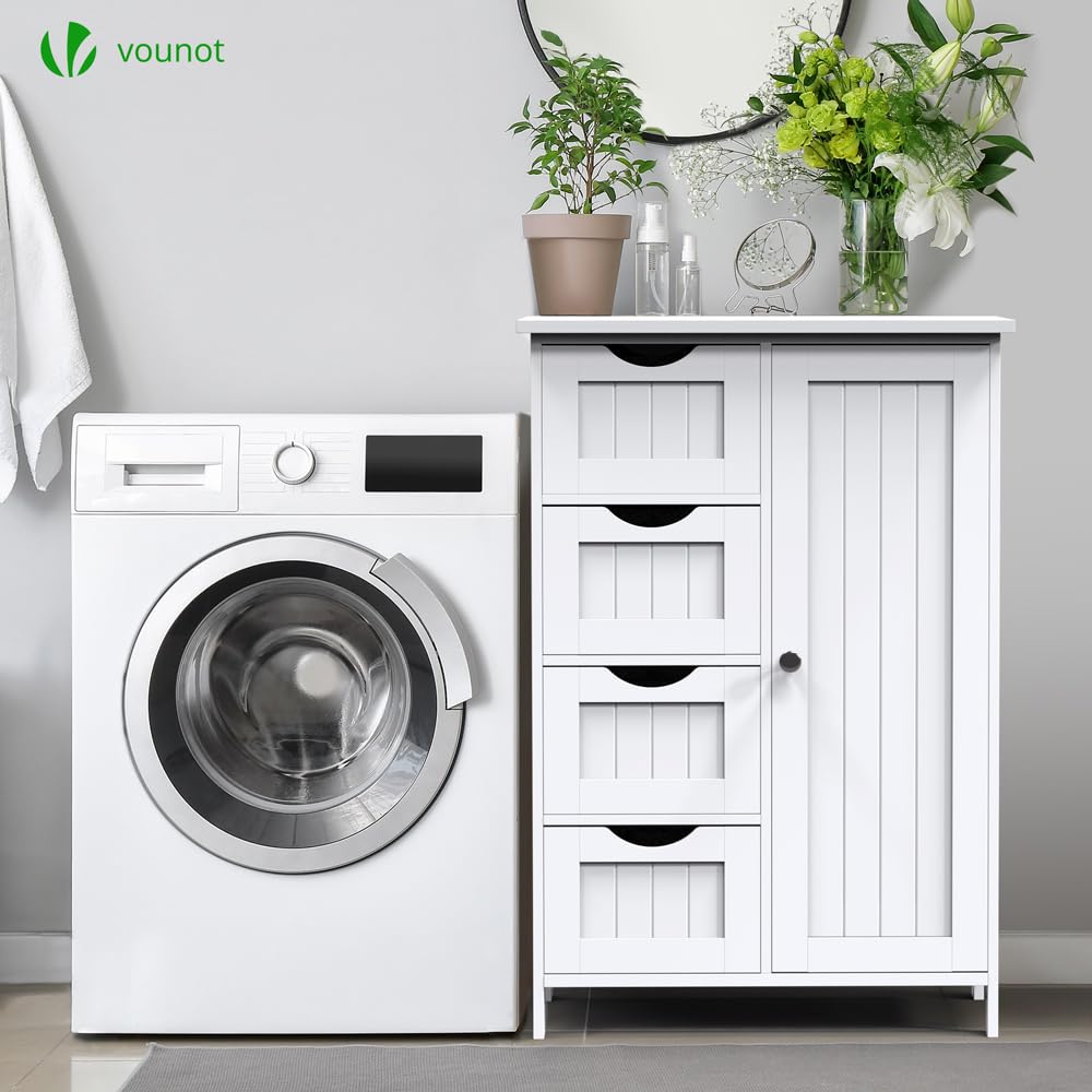 VOUNOT® Bathroom Cabinet, Side Cabinet with 4 Drawers, Cabinet Door & Adjustable Shelves for Bathroom, Living Room, Kitchen, Bedroom, 30 x 55 x 82 cm, Grey