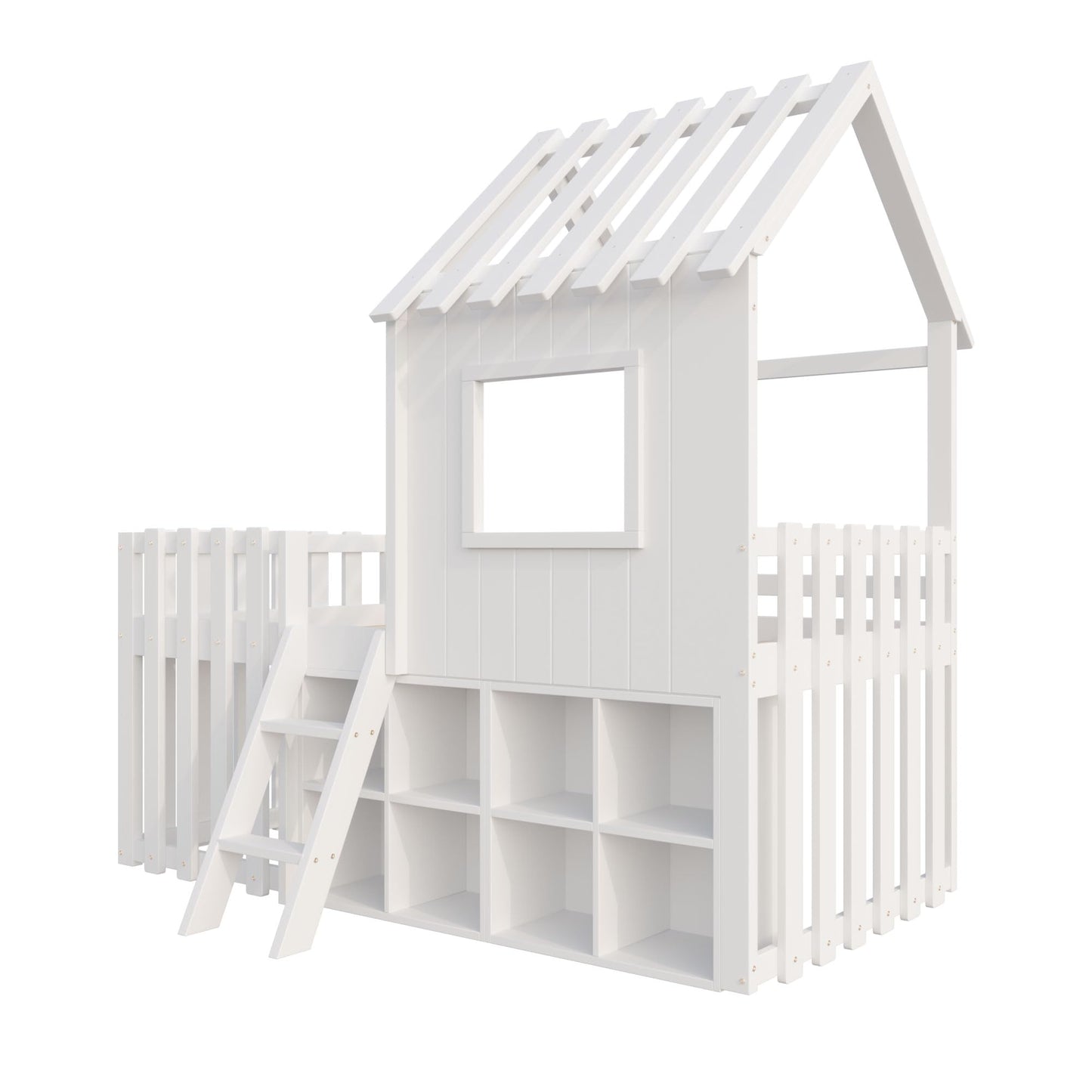 Children's Bed, House Bed 90 x 200 cm, Children's Bed Frame with Roof and Window, with Open Storage Space, with Climbing Ladder, Slatted Frame, Solid Wood Bed, Wooden Bed without Mattress (White)
