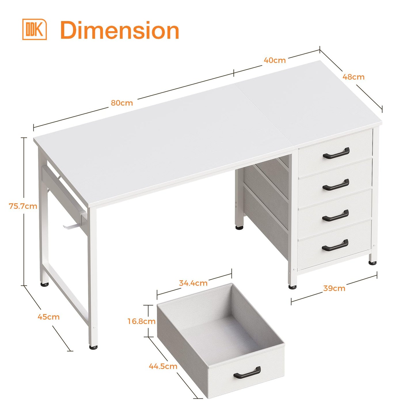 ODK Desk with 4 Drawers, 120 x 48 x 75.7 cm, Computer Desk with Headphone Holder, PC Table, Reversible Office Table, Wood for Home Office, White
