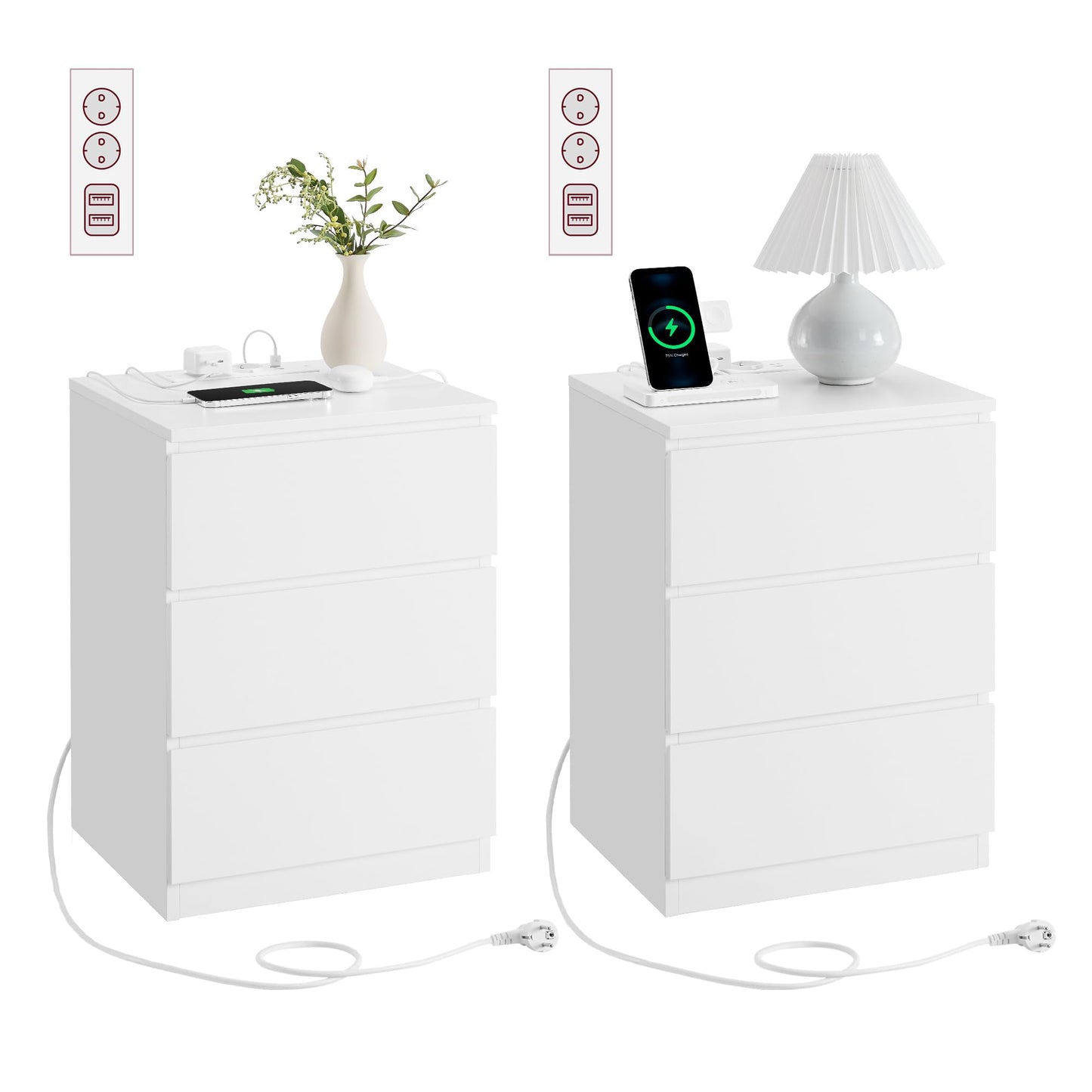 VASAGLE LET831W14 Set of 2 Bedside Tables, Side Tables, 3 Drawers, Bevelled Edge, 2 AC Outlets, 2 USB Ports, Living Room, Bedroom, Study, Modern, Cloud White