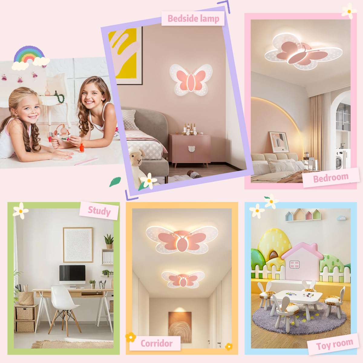 LED Children's Ceiling Light, Pink Butterfly Creative Ceiling Light, Dimmable with Remote Control, Night Light Function, Children's Room, Bedroom, Living Room, Bedroom, Cartoon Ceiling Light, 35 cm