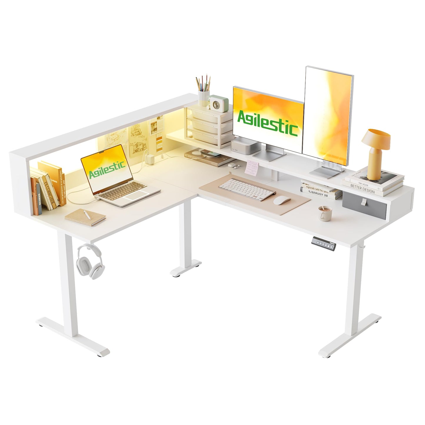 Agilestic L-Shaped Height-Adjustable Desk, 160 x 140 cm Desk, Height Adjustable, Electric, Corner Desk, Ergonomic Standing Seat Table, Computer Desk, White