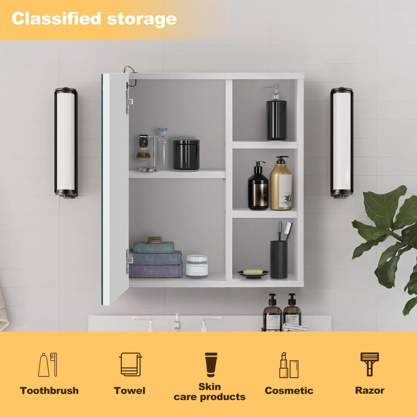 TUKAILAI Mirror Cabinet with LED Lighting, 6 Open Shelves and Adjustable Shelves, Bathroom Mirror with Touch Switch, Bathroom Mirror, Light Mirror, Wall Mirror, Bathroom Cabinet for Bathroom