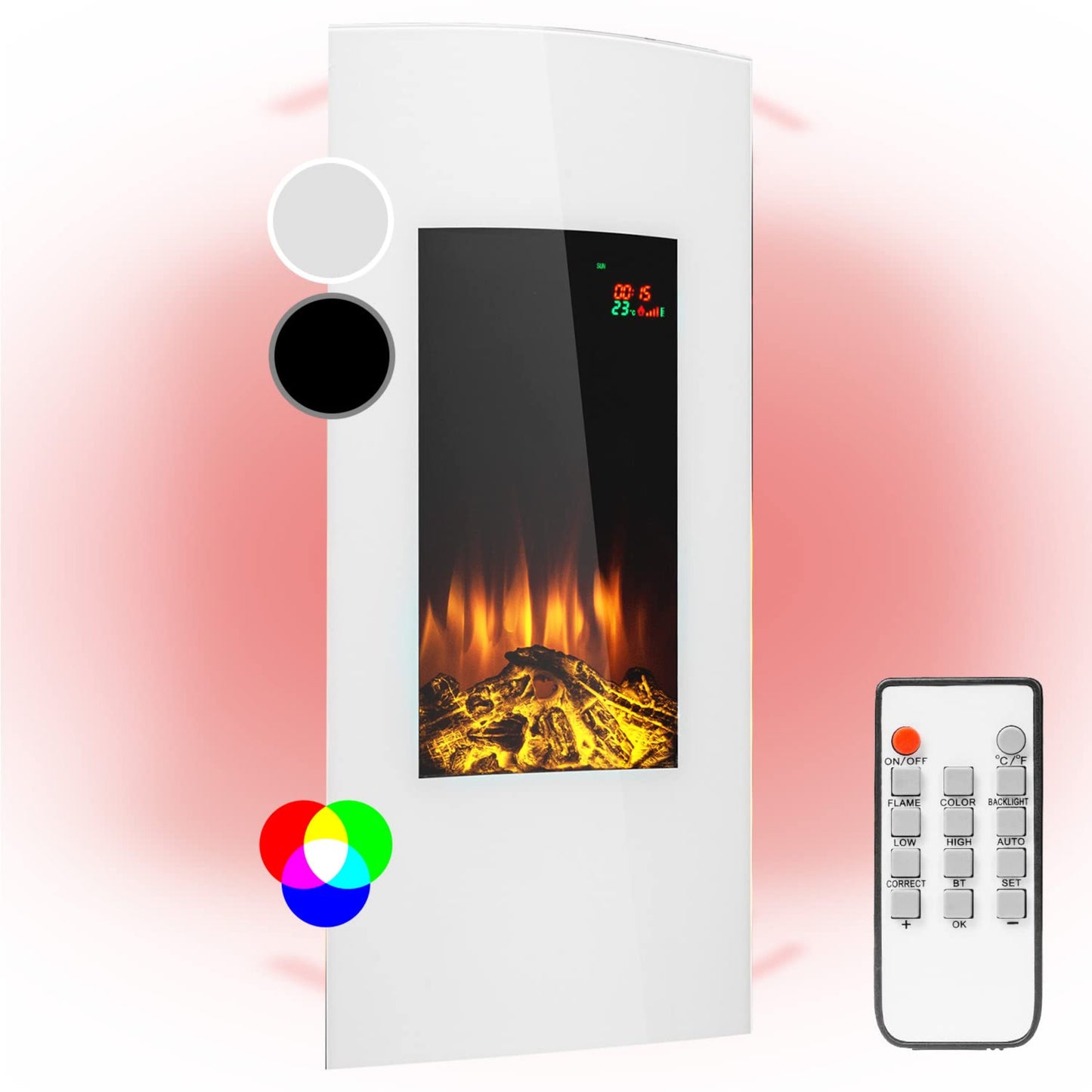 Klarstein Electric Fireplace, Electric Heaters for Living Room and Indoor Spaces, Electric Fireplace with LED Flames, Fireplace for Wall Mounting, Fan Heater with Timer, Adjustable Thermostat, Heating