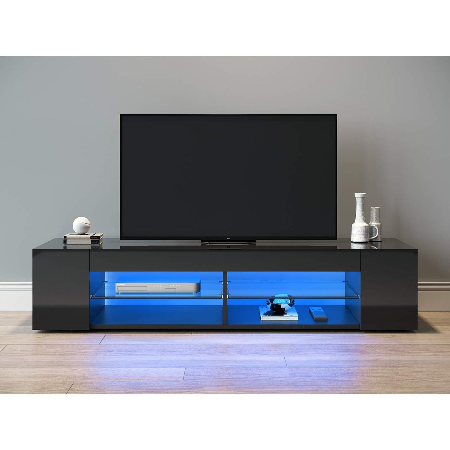 SONNI TV Board White, Handle-less Design, TV Cabinet High Gloss, TV Stand with LED Lighting, 12 Colours Can Be Adjusted, TV Shelf, Lowboard for TVs up to 65 Inches, 130 x 35 x 45 cm