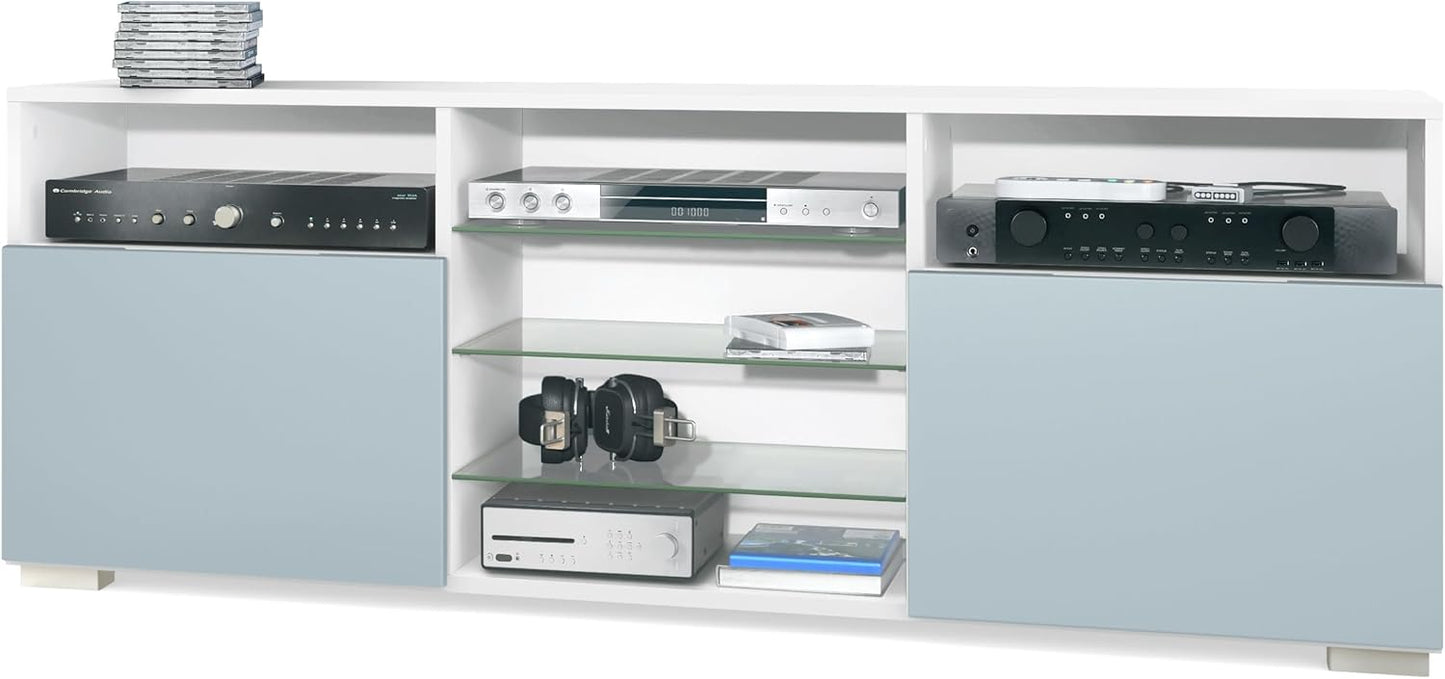 Vladon Granada TV Board Lowboard with 2 Doors and 6 Open Compartments, Matt White Body, Fronts in Sand Grey High Gloss (146 x 54 x 35 cm)