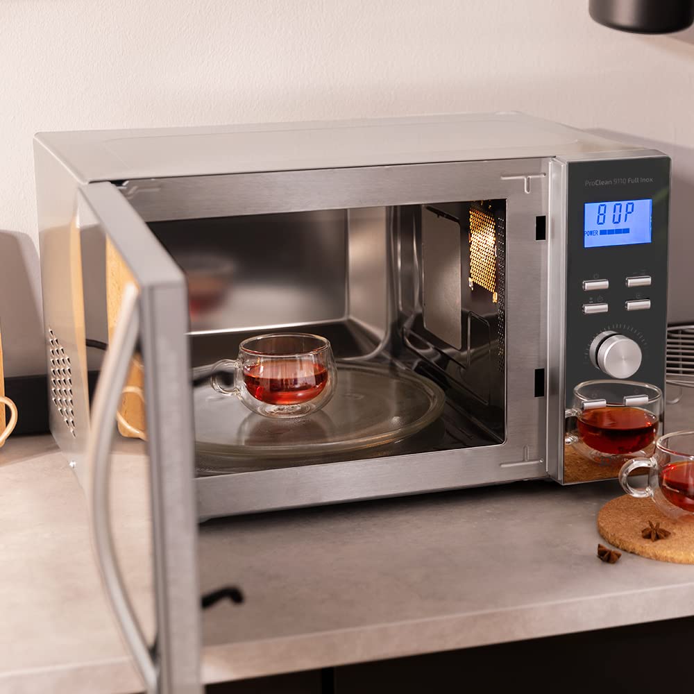 Cecotec Microwave Pro Clean 6110. 800 W, Grill 1000 W, 23 L, Ready 2 Clean Coating, 3D Wave Front Mirror, 8 Programmes, 100 Minute Timer, LED, Stainless Steel in Black / Silver