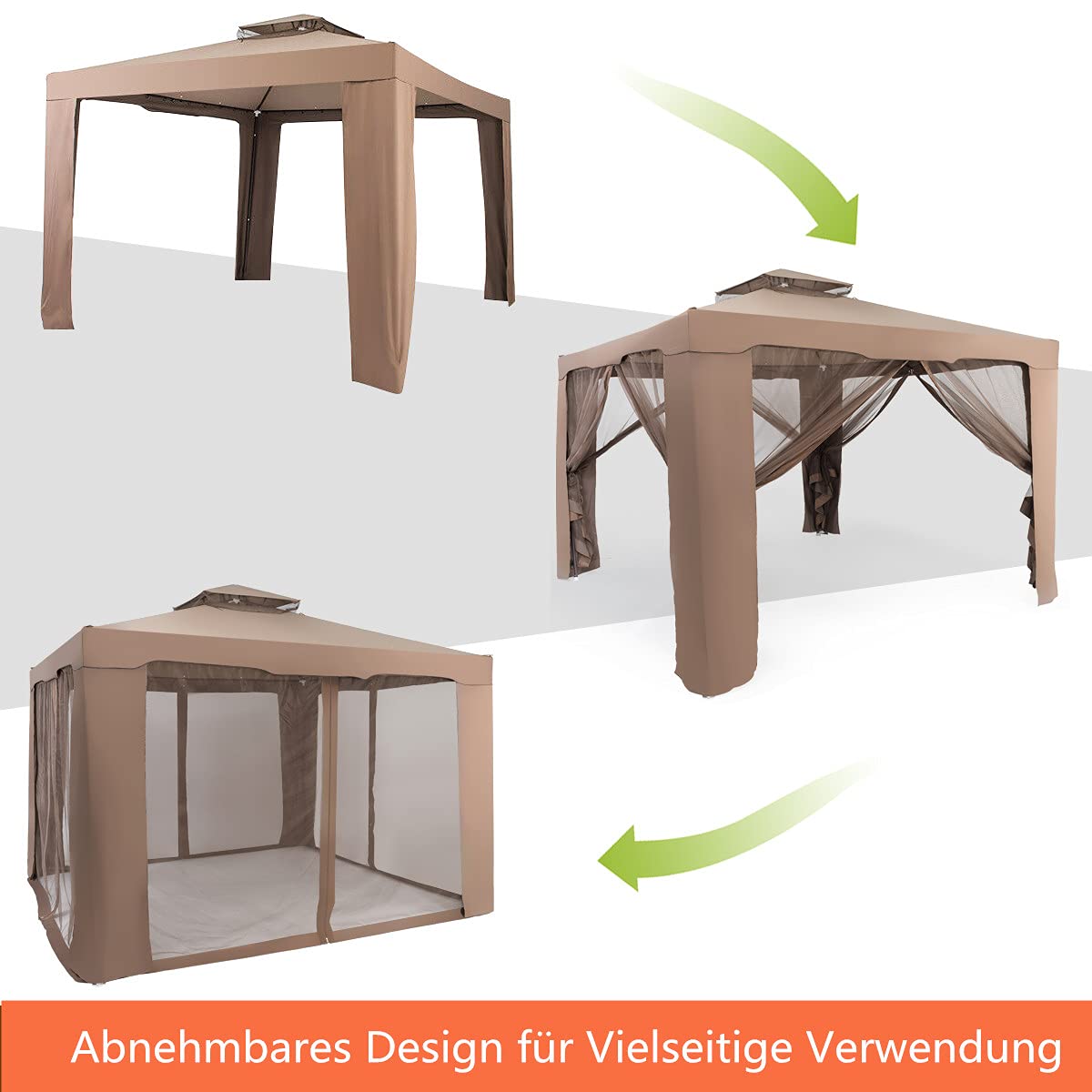 RELAX4LIFE 3 x 3 m Gazebo, Garden Gazebo with Iron Frame & Mosquito Net, Garden Tent with 4 Side Walls & Double Roof, Waterproof & Sunproof Party Tent for Party Camping (Brown)