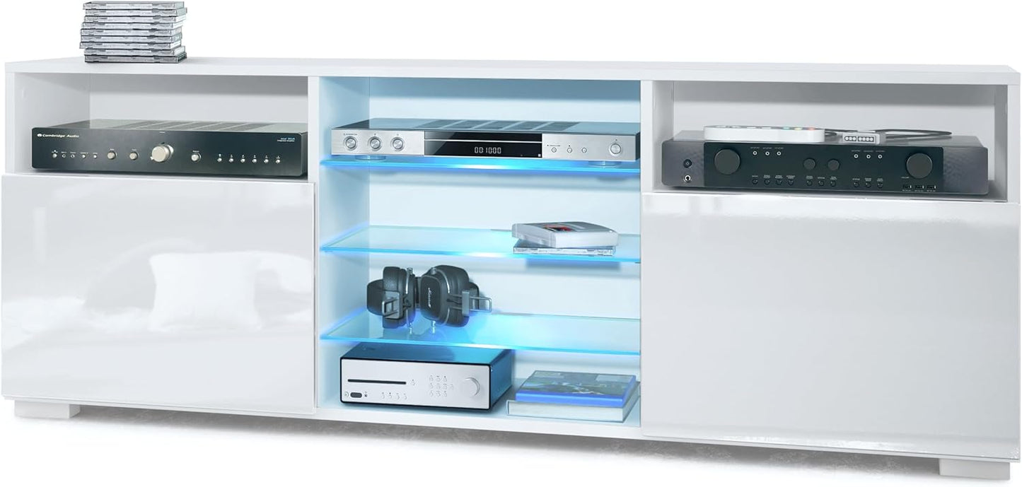 Vladon Granada TV Board Lowboard with 2 Doors and 6 Open Compartments, Matt White Body, Fronts in Sand Grey High Gloss (146 x 54 x 35 cm)