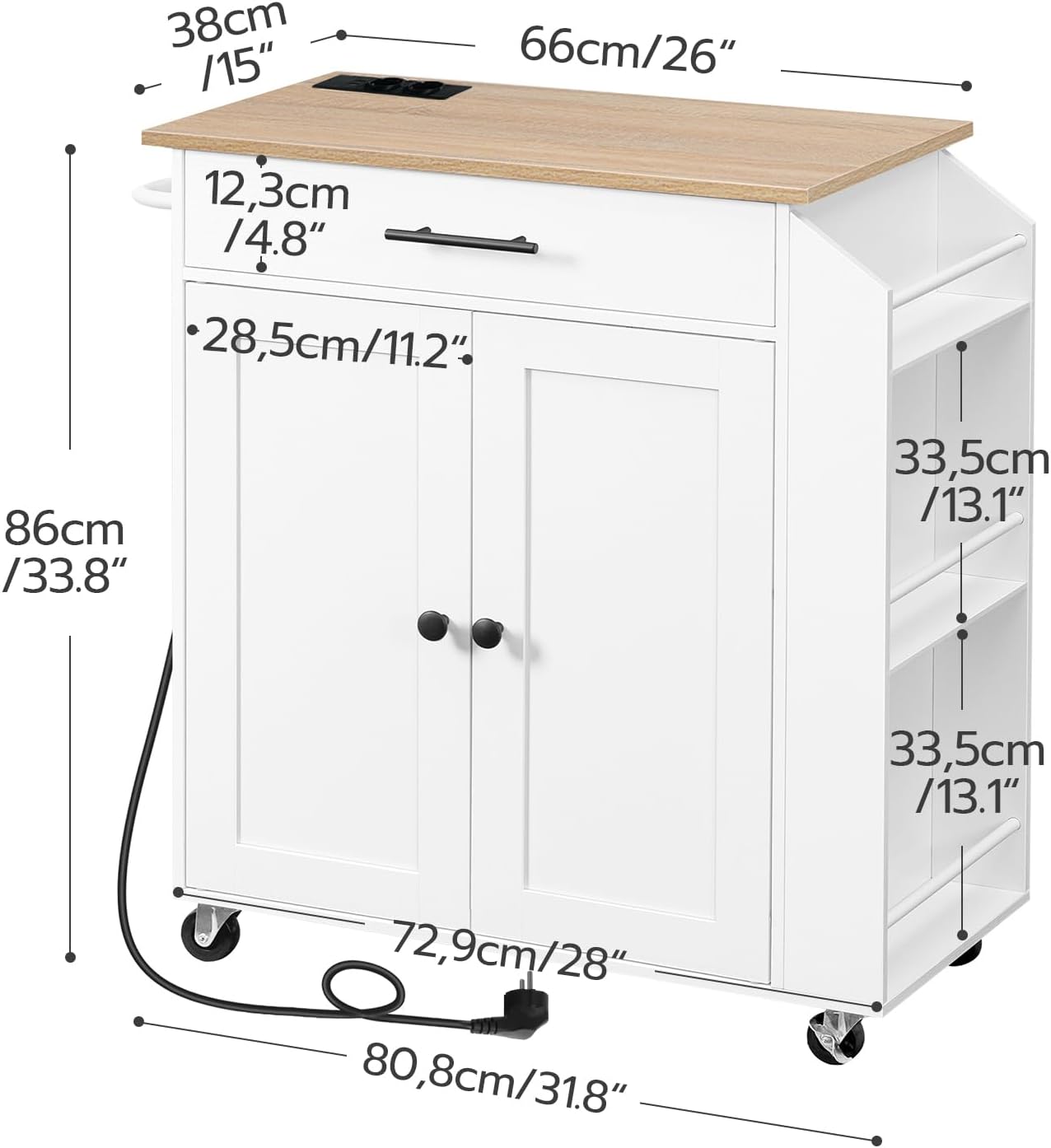 HOOBRO EWN82CZD01 Kitchen Trolley with Worktop, Kitchen Island with Power Strip, Movable Kitchen Island with Drawer and Spice Rack, Kitchen Trolley on Wheels, 80.8 x 38 x 86 cm