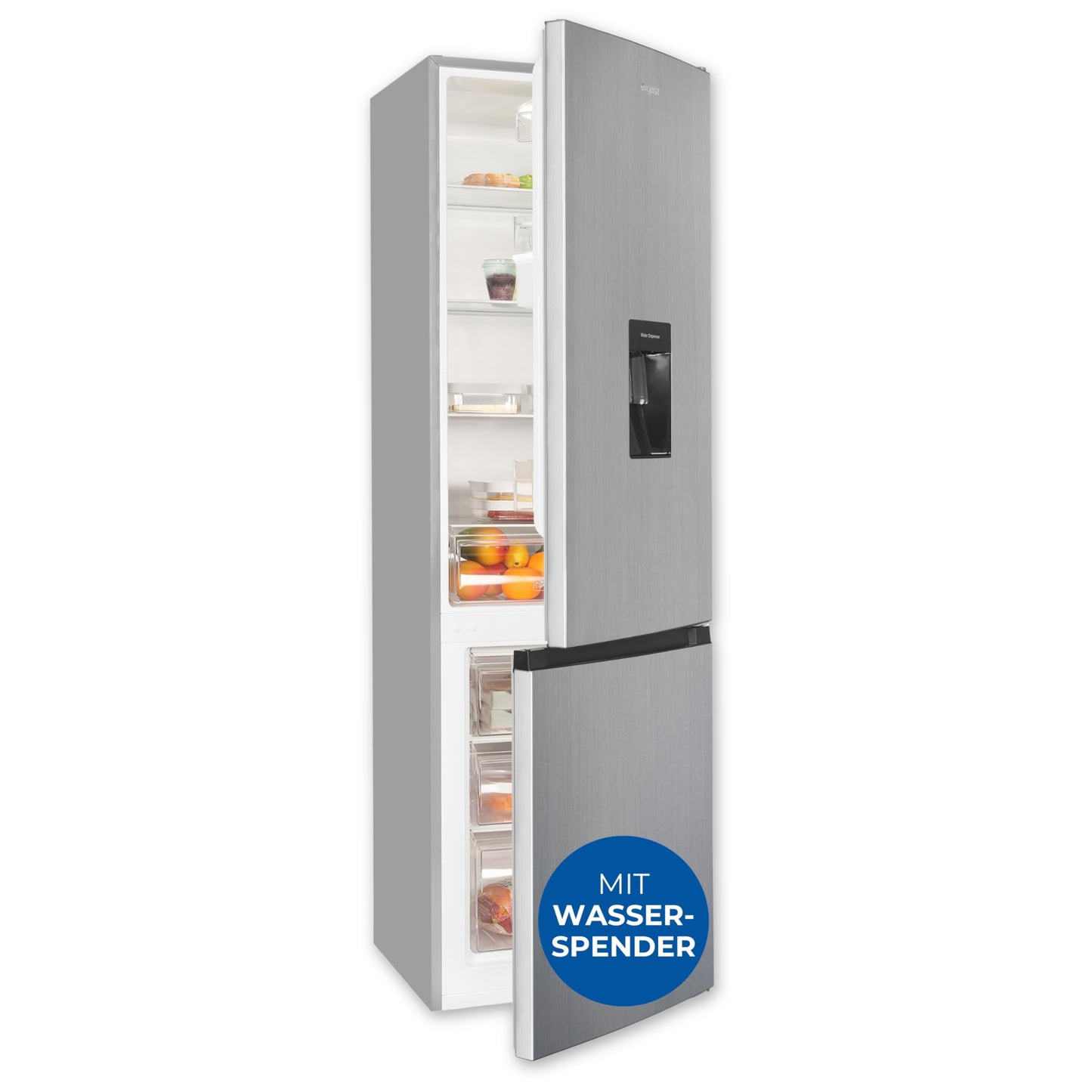 Exquisit Fridge-Freezer, 180 cm Height, Fridge with Freezer, 260 Litres, Water Dispenser, Alarm Function, 4-Star Freezer, KGC5265-70-WS-040D inoxlook-az