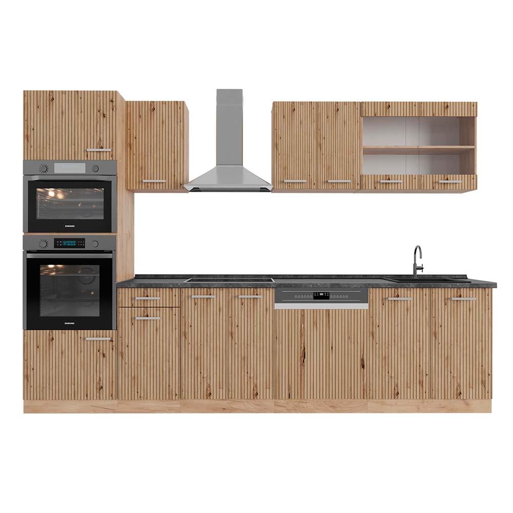 Vicco R-Line Kitchen Unit, High-Gloss Anthracite/Goldkraft Oak, 300 cm with Tall Cabinet, without Worktop