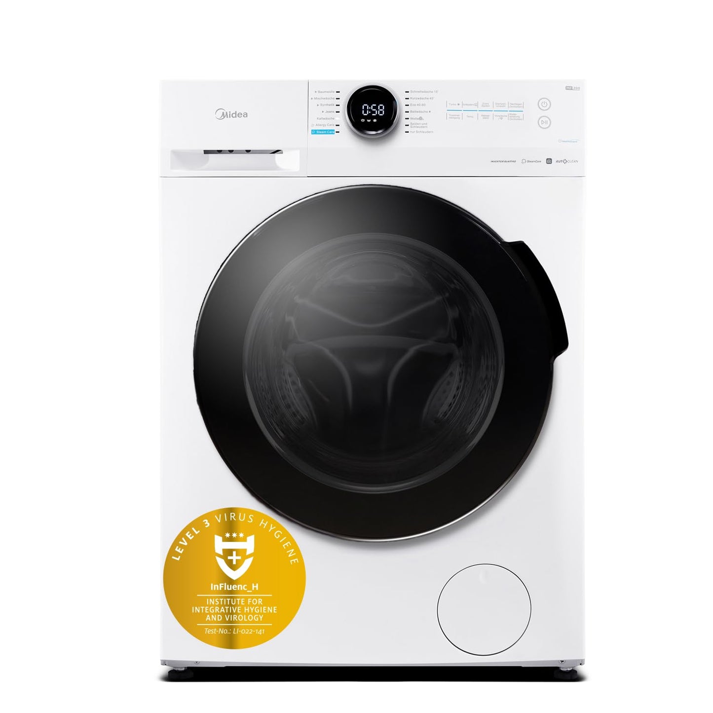 Midea MF200W80WB-14AS Washing Machine, 8 kg, Energy Efficiency Class A, Automatic Volume, Steam Care, Refill Function, 1400 rpm, Time Saving, Turbo, Only 48 cm Deep, App Control, AquaStop, White