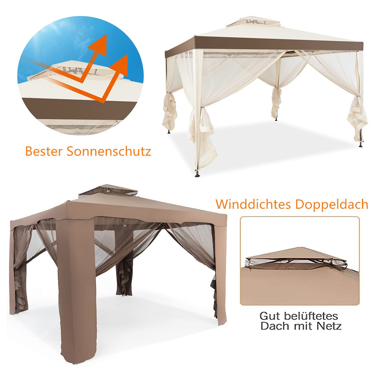 RELAX4LIFE 3 x 3 m Gazebo, Garden Gazebo with Iron Frame & Mosquito Net, Garden Tent with 4 Side Walls & Double Roof, Waterproof & Sunproof Party Tent for Party Camping (Brown)