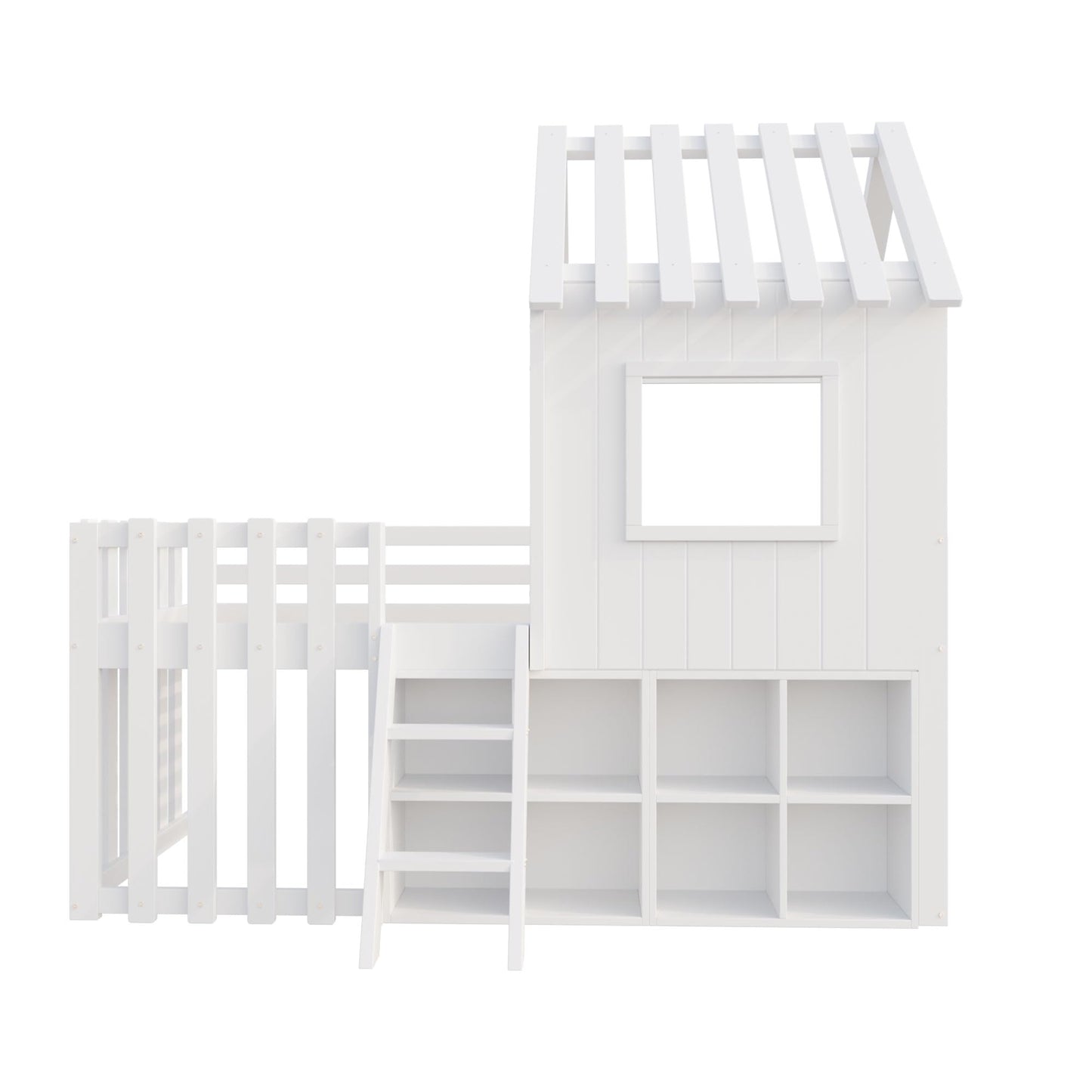Children's Bed, House Bed 90 x 200 cm, Children's Bed Frame with Roof and Window, with Open Storage Space, with Climbing Ladder, Slatted Frame, Solid Wood Bed, Wooden Bed without Mattress (White)