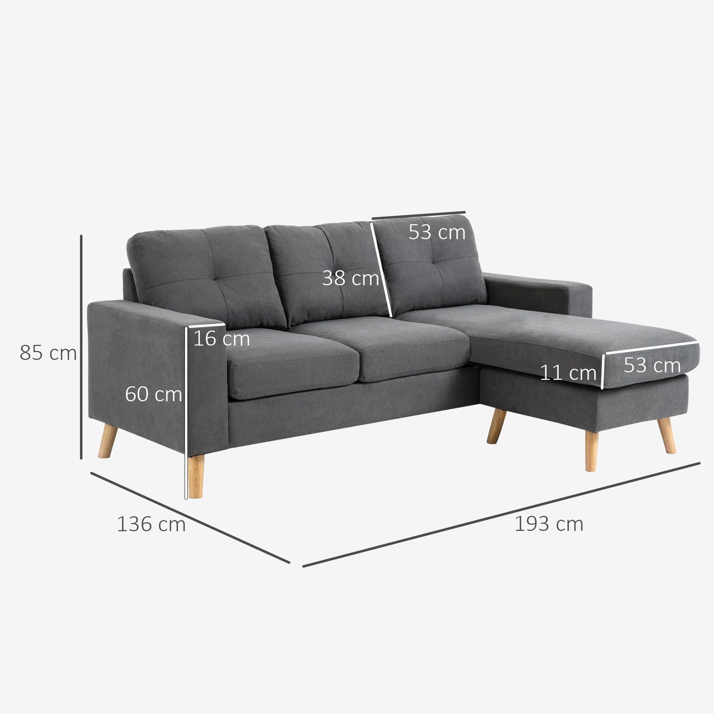 HOMCOM Corner Sofa L-Shaped Sofa with 3 Cushions, Corner Couch with Button Binding, Linen Look, Couch Living Landscape for Living Room, Bedroom, 193 x 136 x 85 cm, Black