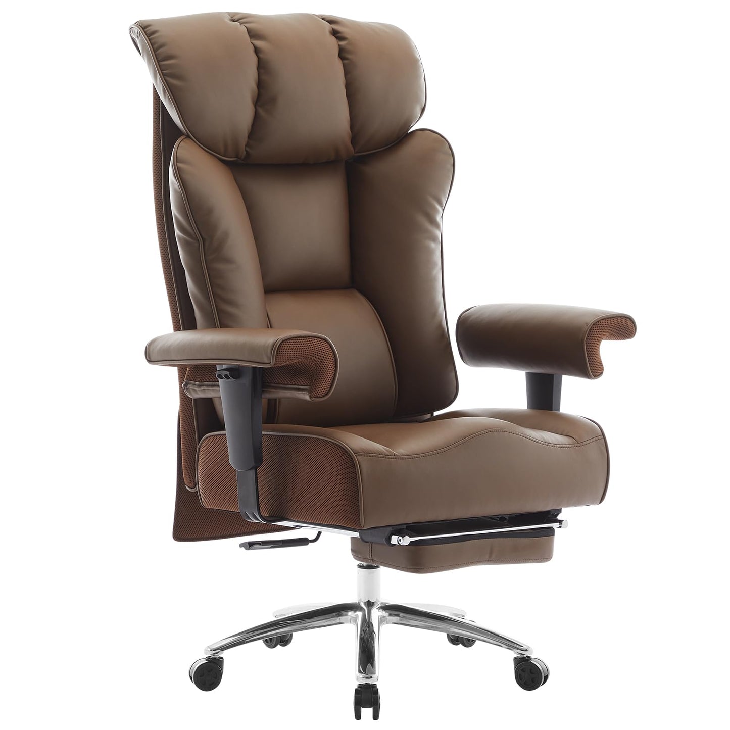 Efomao XXL Office Chair 200 kg with Footrest, Faux Leather Executive Chair with High Backrest, Adjustable Padded Armrests, Lumbar Support for Home or Office, Sturdy Computer Chair, Brown