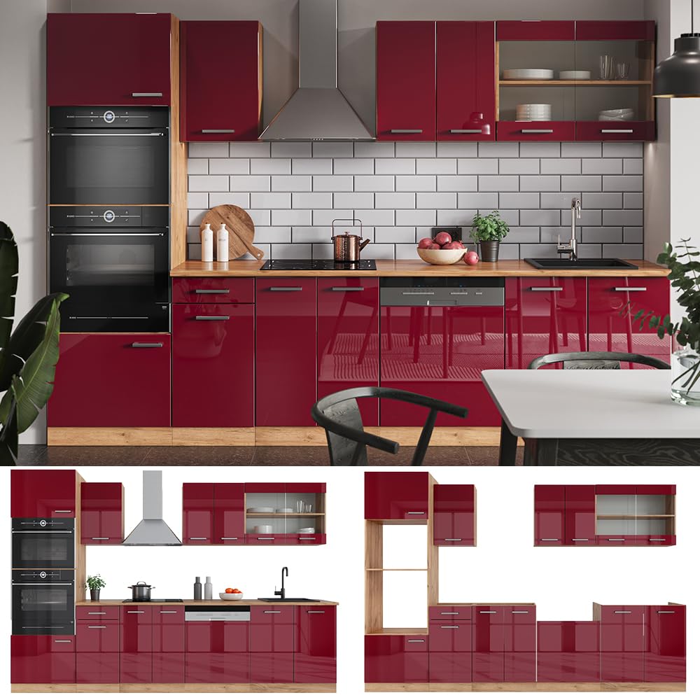 Vicco R-Line Kitchen Unit, High-Gloss Anthracite/Goldkraft Oak, 300 cm with Tall Cabinet, without Worktop