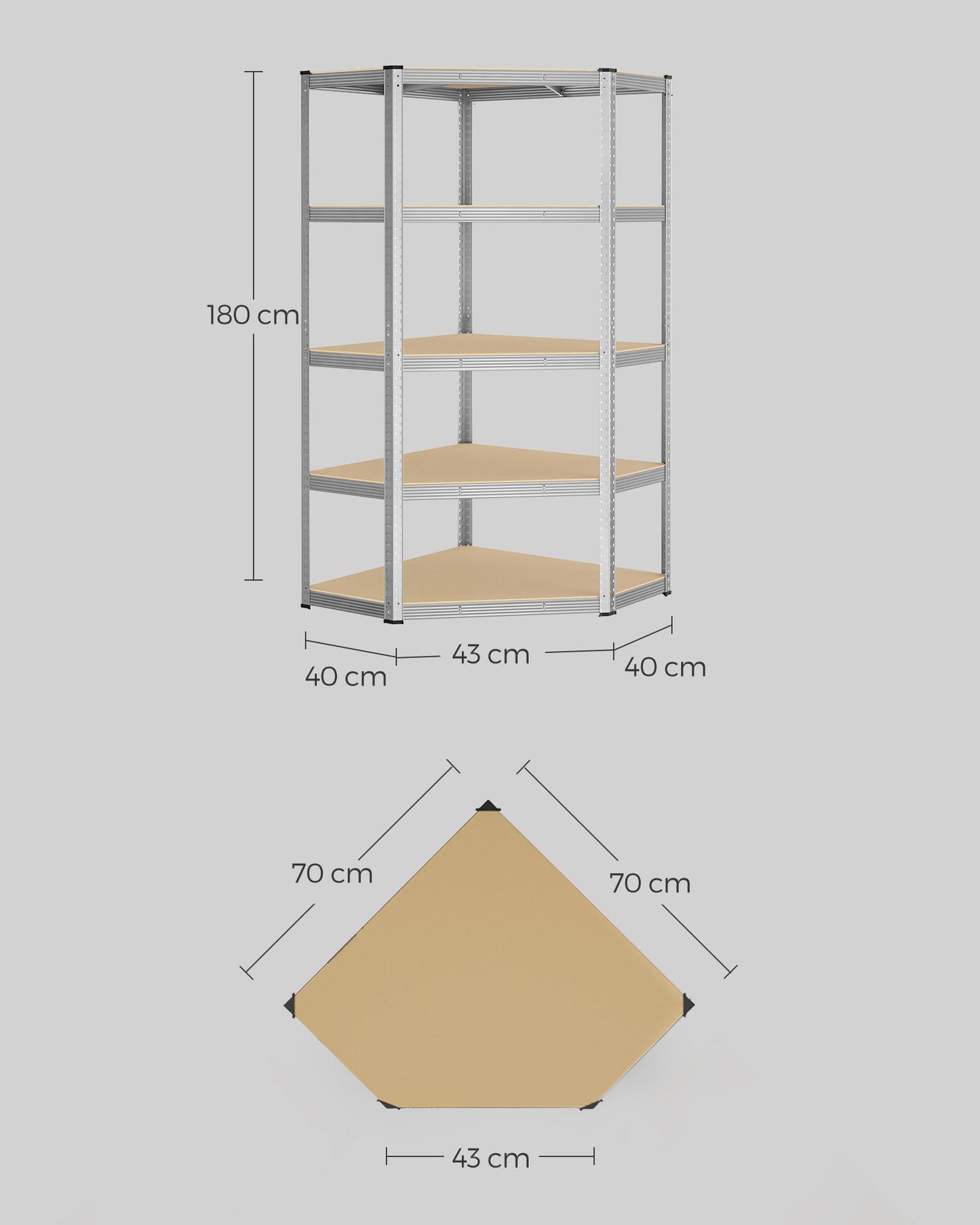 SONGMICS GLR080E01 Corner Shelving Unit 5 Levels Heavy Duty Metal Storage Shelf for Garage Storage Room Cellar Shelf Maximum Load 875 kg Silver Natural Beige