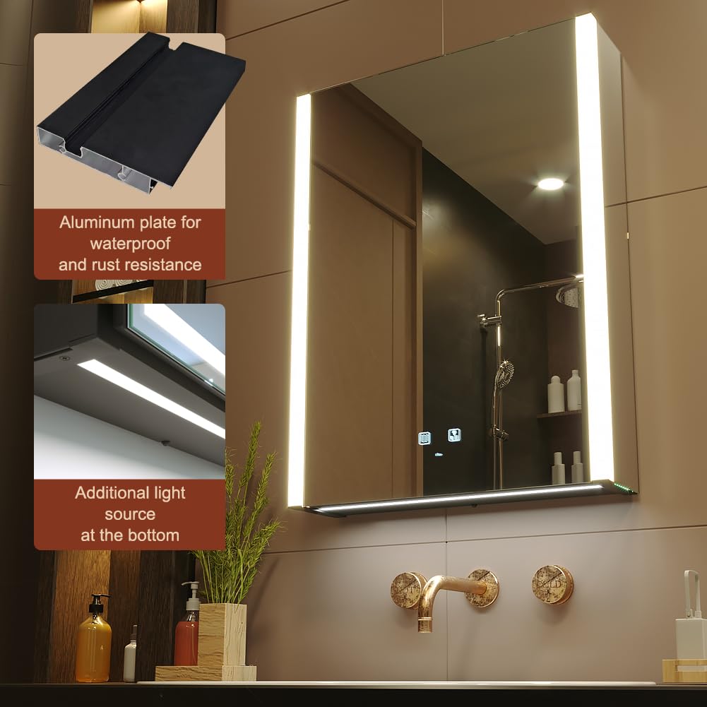 KWW LED Beleuchtetes Badezimmer Medizin Kabinett mit Spiegel, Farbtemperatur Einstellbar, Anti-Nebel Dimmbare Lichter, Steckdosen für USBs (75 x 70 cm)