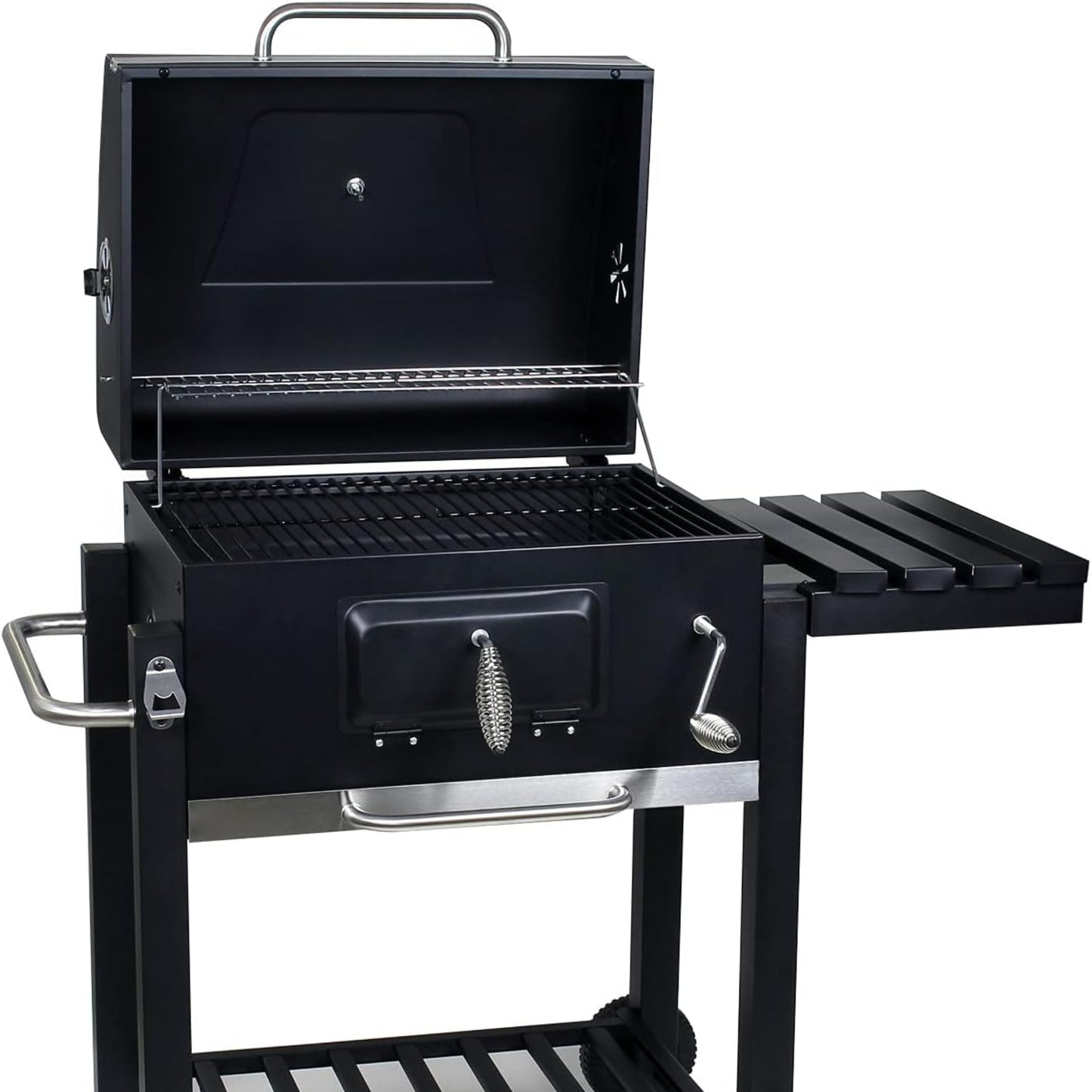 BBQ Charcoal Grill Trolley with Lid, Shelf and Fire Flap, Height Adjustment for Coal, Thermometer